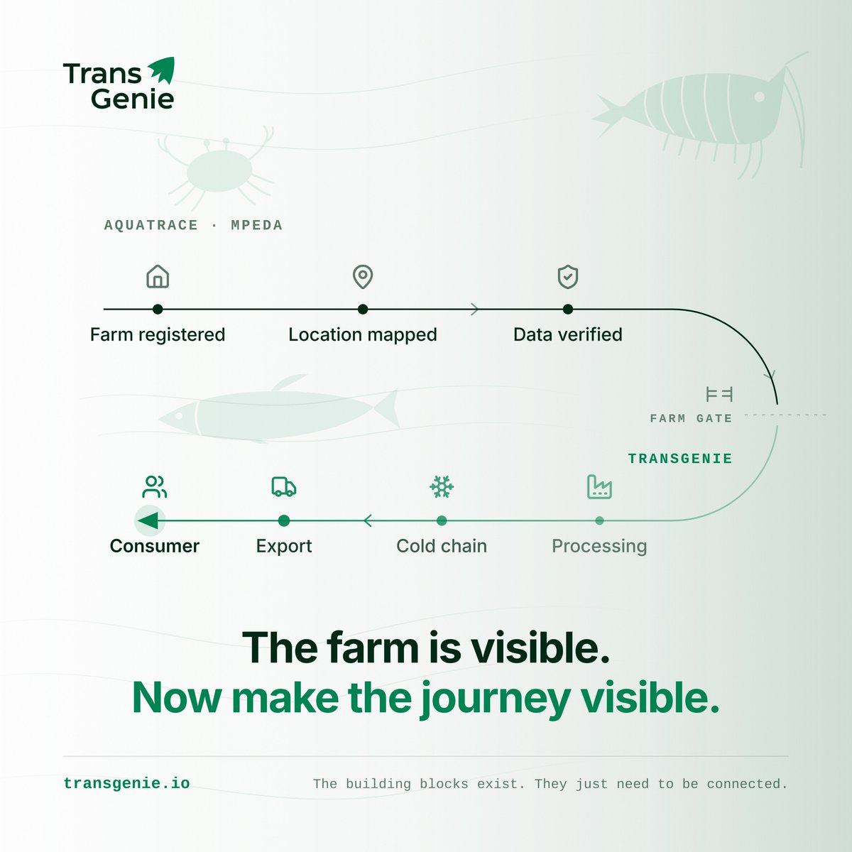 transgenieio's tweet photo. The farm is registered.
The location is mapped.
The data is verified.

Now connect the journey.

Farm → Processing → Cold Chain → Export → Consumer

That’s traceability with TransGenie.

#TransGenie #SeafoodTraceability #MPEDA https://t.co/phSnHkDZHk