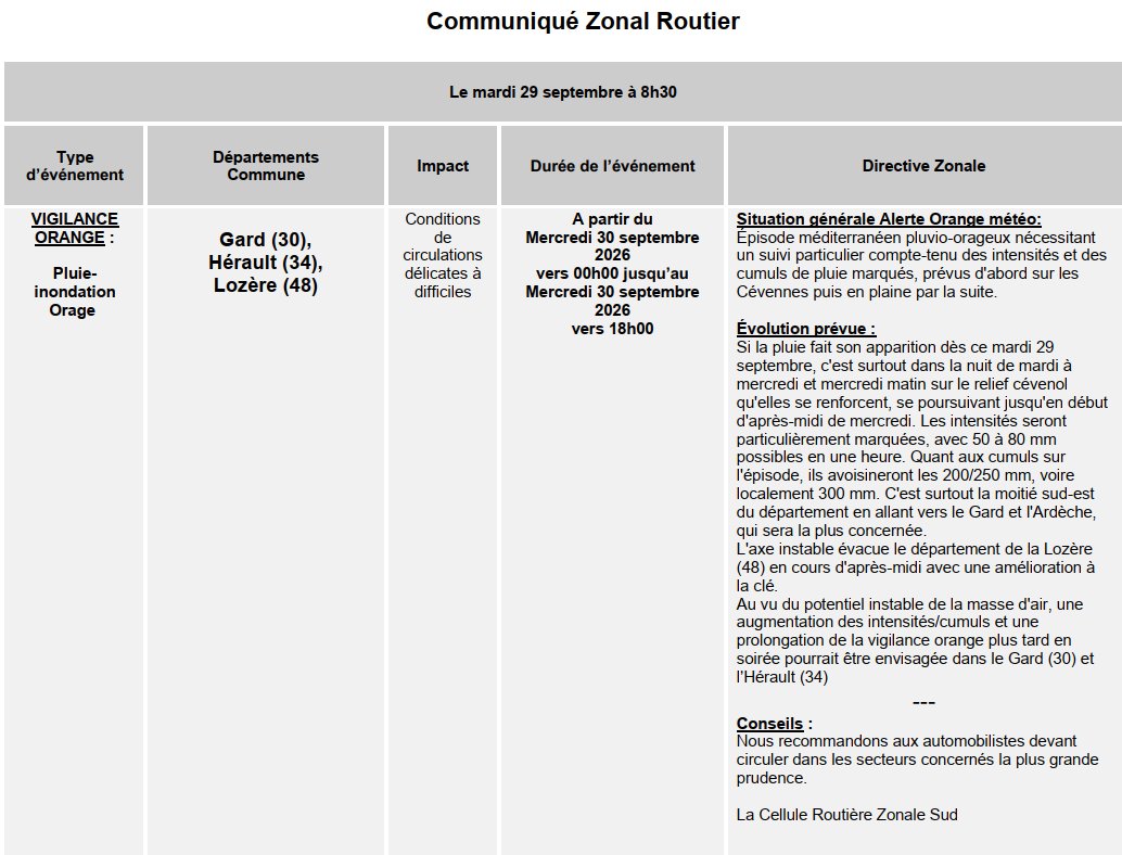 cezocsud's tweet photo. Communiqué CRZ Sud pour l'alerte Orange météo pluie-inondation et orage, concernant les départements du Gard (30), de l'Hérault (34) et de la Lozère (48). https://t.co/kCF5G35B06