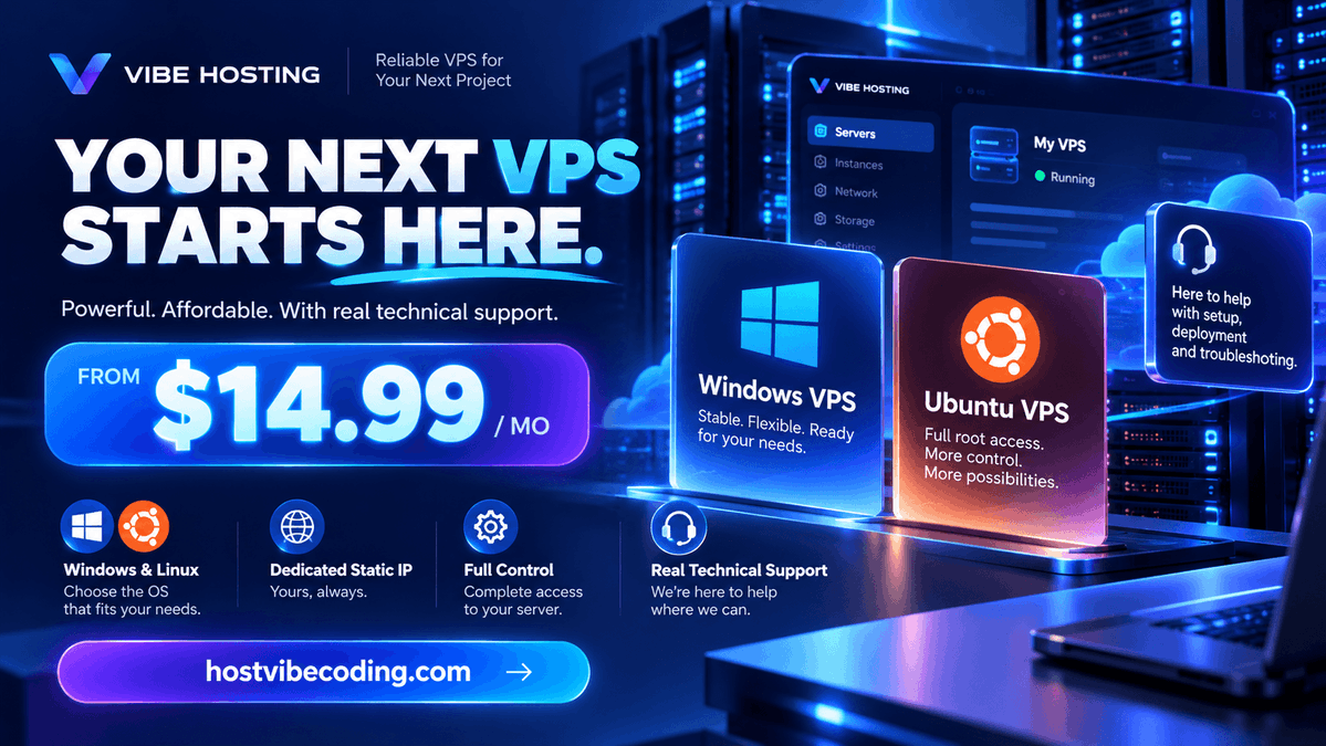 HostVibeCoding's tweet photo. Looking for the right VPS? Let's get you started!

At Vibe Hosting, we offer affordable pricing, reliable performance, and real technical support when you need it.

From server setup to deployment and troubleshooting, we're happy to help where we can — saving you time so you can focus on building.

🚀 https://t.co/KiF8Xw59cI

#VPS #WindowsVPS #LinuxVPS #CloudHosting #WebHosting #SelfHosting #Developers