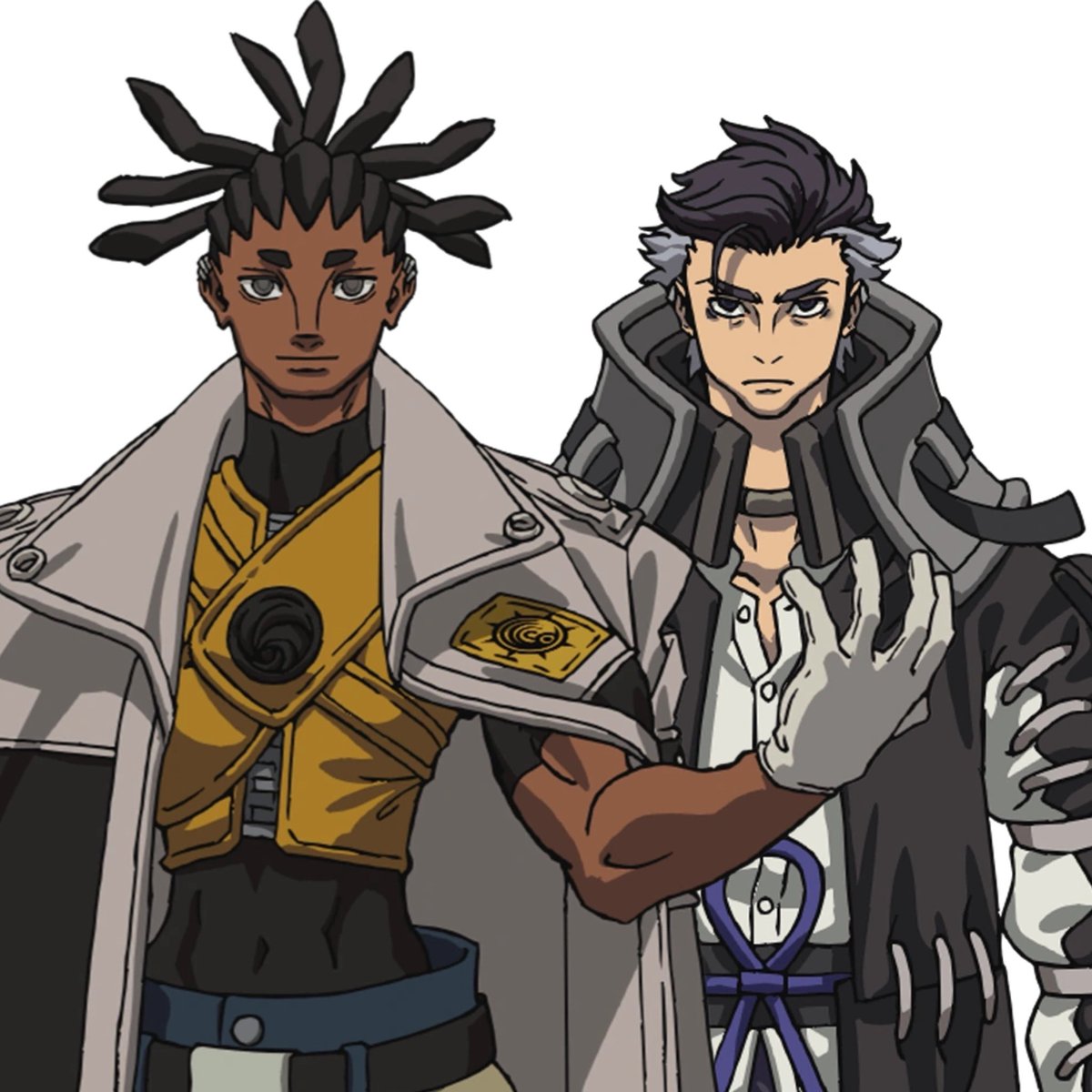 lndigom00n's tweet photo. They look so aesthetically pleasing to the eyes, the colors of their clothes and accents contrasting. Corvus gripping zodyl’s boobie. I love boss yaoi 💛💜 https://t.co/wKFkmwn62G