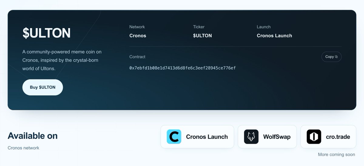 ultonofficial's tweet photo. Have you checked our website? $ULTON is available for trading on @CronosNetwork Launch, @wolfswapdotapp , and @crotrade!
Website: https://t.co/wOB0DO6NZT
#crofam #wolfswap #crotrade #cronos https://t.co/uAsfDFSZSY