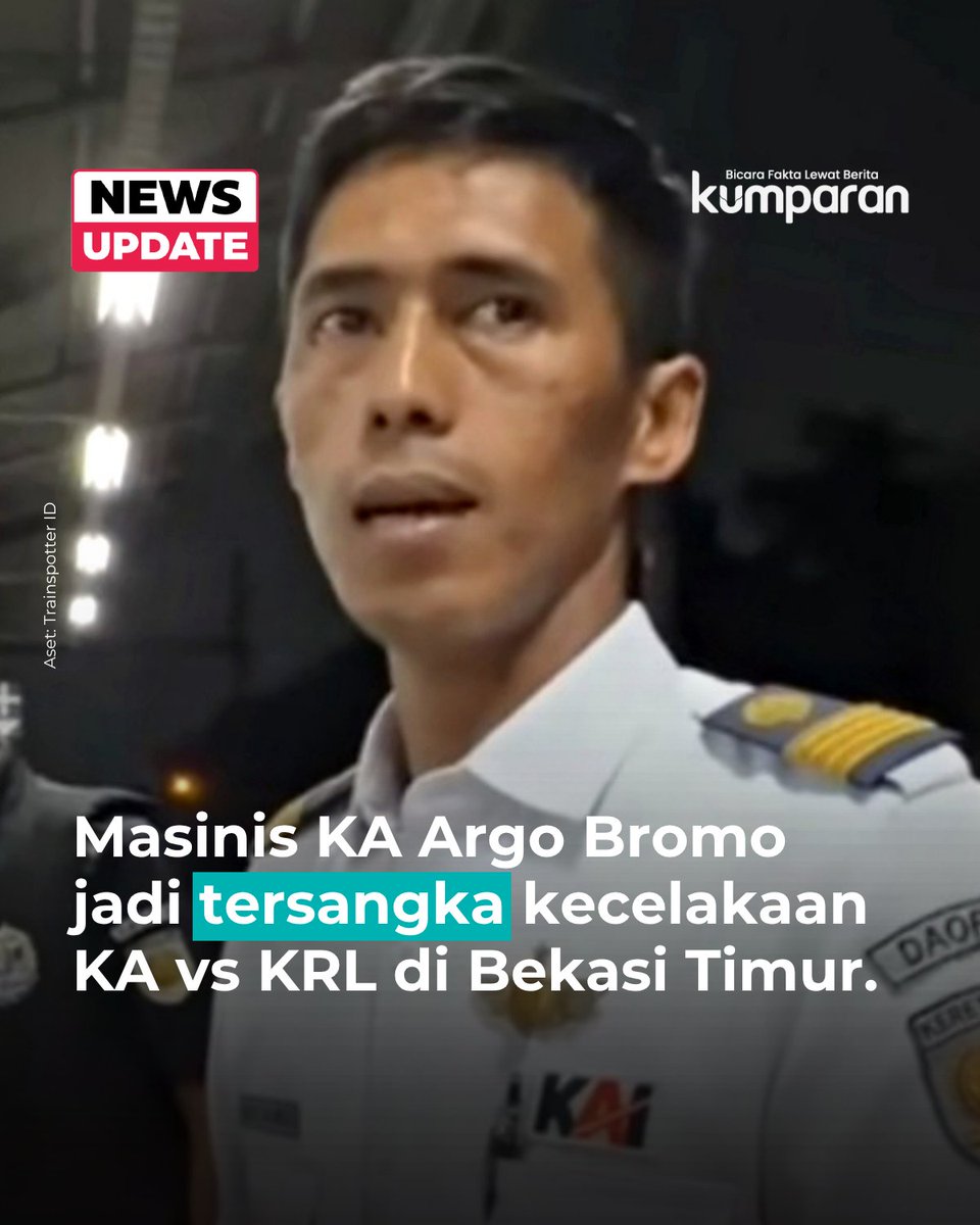 kumparan's tweet photo. Polda Metro Jaya menetapkan masinis KA Argo Bromo Anggrek, Nofiandri, sebagai tersangka kecelakaan Stasiun Bekasi Timur.

"Untuk AN merupakan tersangka yang berbeda dengan peristiwa yang ditangani oleh Satlantas Polres Metro Bekasi Kota. AN ini merupakan masinis dari Kereta Api Argo Bromo Anggrek," kata Wadirkrimum Polda Metro Jaya AKBP Dewa Anom Danunjaya, Selasa (29/9). Tragedi tersebut menyebabkan 16 orang tewas.

📸: Dok. Trainspotter ID.
⁠
Baca selengkapnya dengan klik link di bio. Cari tahu berita update lainnya dengan download aplikasi kumparan di App Store atau Google Play.⁠
⁠
📝: newsupdate | update | news | oneliner | R158 | R207 | E164 | E023 | E037 | E057
#bicarafaktalewatberita #kumparan