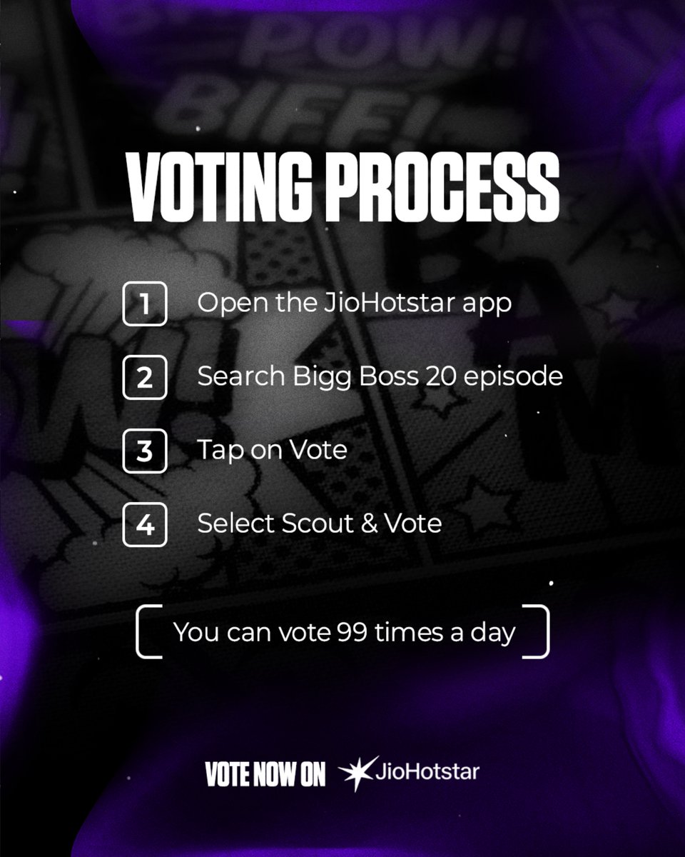 ScoutOPArmy's tweet photo. 🚨 VOTING TIME, #ScoutArmy!

ScoutOP nominated hai, aur ab apna pyaar votes mein dikhane ka time hai! 💪❤️ 

Har vote matters, so let’s show up for him and help keep him safe! 

📲 HOW TO VOTE:
1️⃣ Open the JioHotstar app

2️⃣ Search for Bigg Boss 20 and open the episode

3️⃣ Tap on Vote

4️⃣ Select ScoutOP and cast your votes 🗳️

You can cast 99 votes daily—make sure you vote every day!

⏰ Voting closes Friday, 2 October, at 10:00 AM IST.

Apna vote karo aur fellow fans ko bhi remind karo. Scout ke liye full power, Army! 🔥
#ScoutOP #BiggBoss20 #BB20