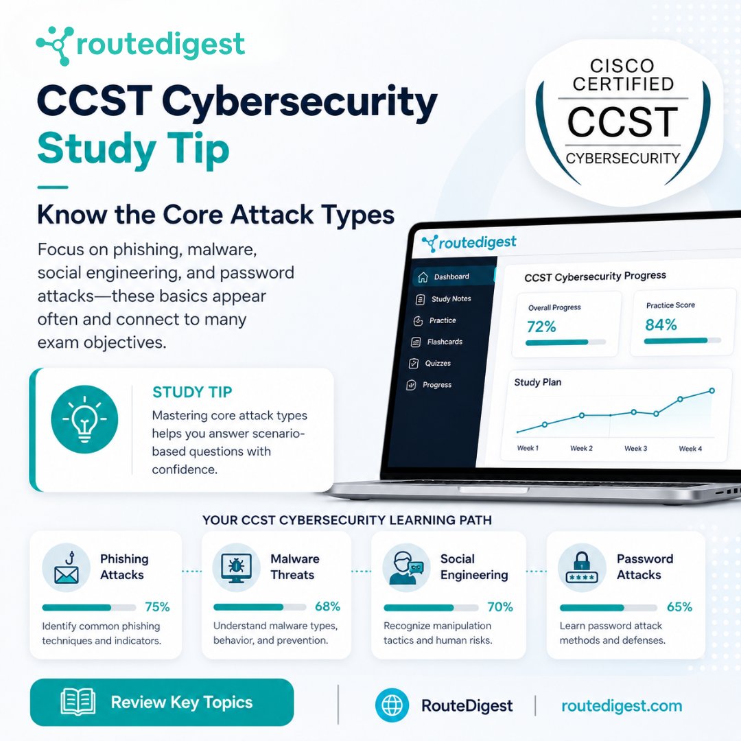 RouteDigest's tweet photo. Strengthen your Cisco CCST Cybersecurity prep by learning the core attack types: phishing, malware, social engineering, and password attacks. 🔐🎯

Which one challenges you most?

#CCST #CiscoCCST #Cybersecurity #CiscoCertification #ExamPrep #RouteDigest https://t.co/CCe3szNl6r