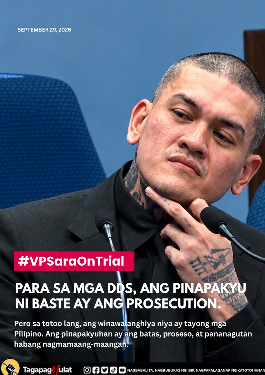 tagapagmulat's tweet photo. PARA SA MGA DDS, ANG PINAPAKYU NI BASTE AY ANG PROSECUTION.
Pero sa totoo lang, ang winawalanghiya niya ay tayong mga Pilipino.
Pinapakyuhan ang batas, proseso, at pananagutan habang nagmamaang-maangan. https://t.co/tbt5WGSUIs