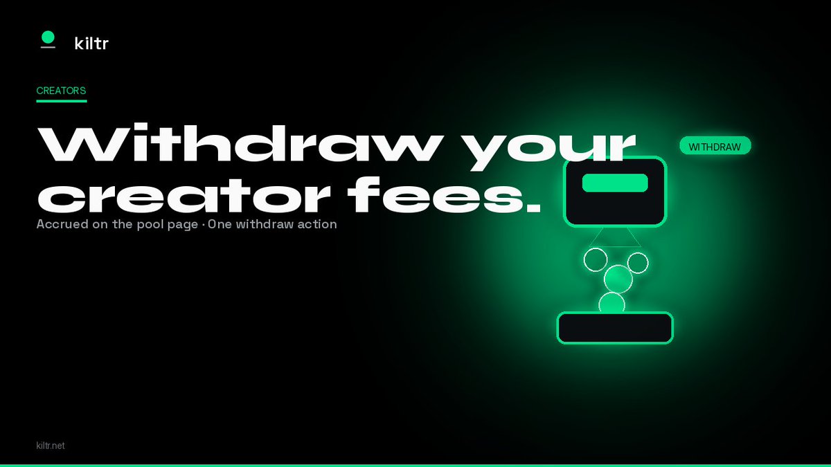 KiltrProtocol's tweet photo. Withdraw your creator fees

On Kiltr v3, registered creators see accrued creator fees per token on the pool page - with a Withdraw creator fees action (withdrawPoolCreatorFees).

Create. Accrue. Withdraw when you want.

https://t.co/sHk0ZkC7iT

Educational content. Not investment advice.
Independent — not affiliated with or endorsed by Robinhood.

$KILTR CA: 0x985ff6B07d77121eBBb4074c35b7a022D61123AD