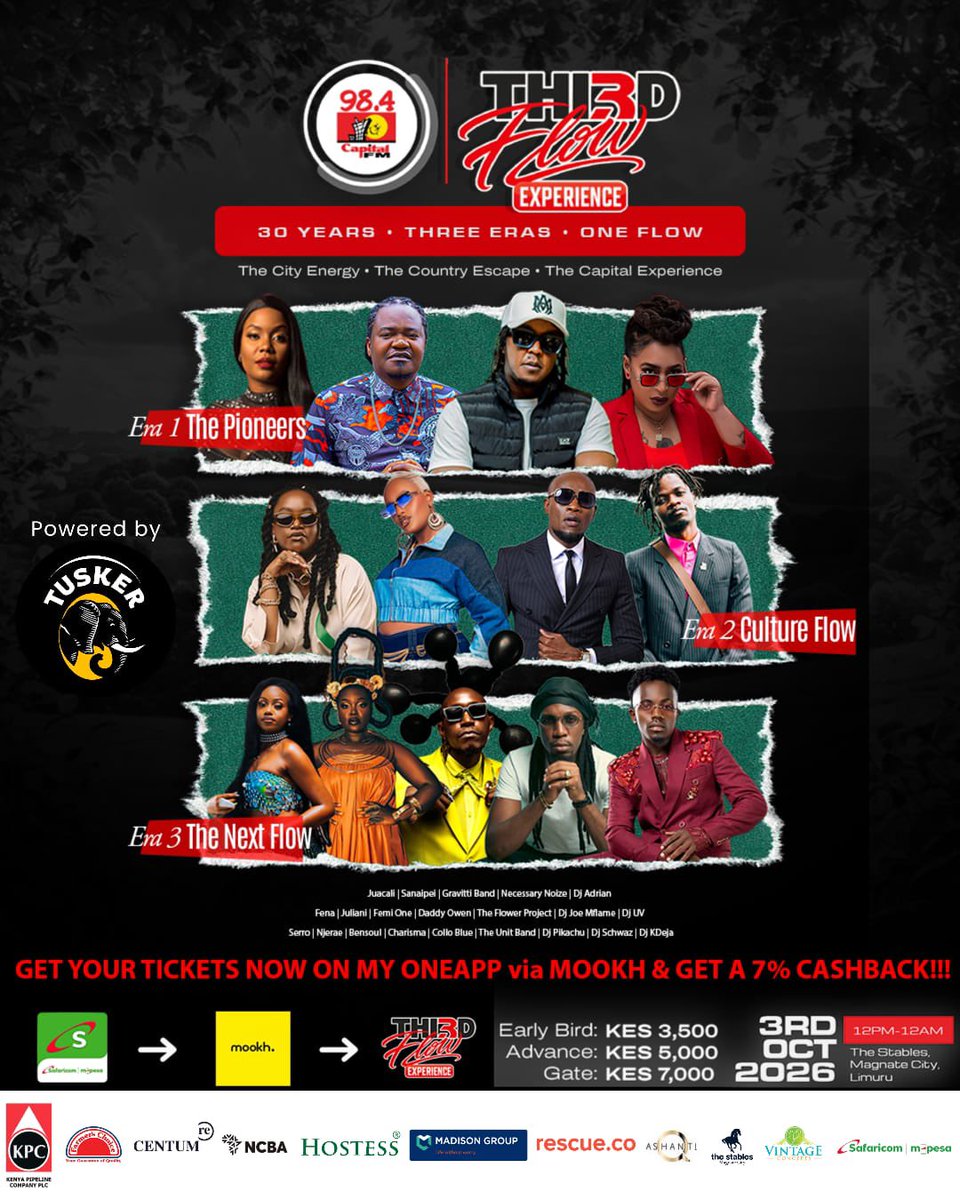 KenyanFever2's tweet photo. A celebration with live sets, Mixx Masters, food and plenty of dancing sounds like a solid Saturday plan. See you at the Third Flow Experience. 30Years 3Eras 1Flow #CapitalFMat30 @CapitalFMKenya https://t.co/pMZ4dqicyD