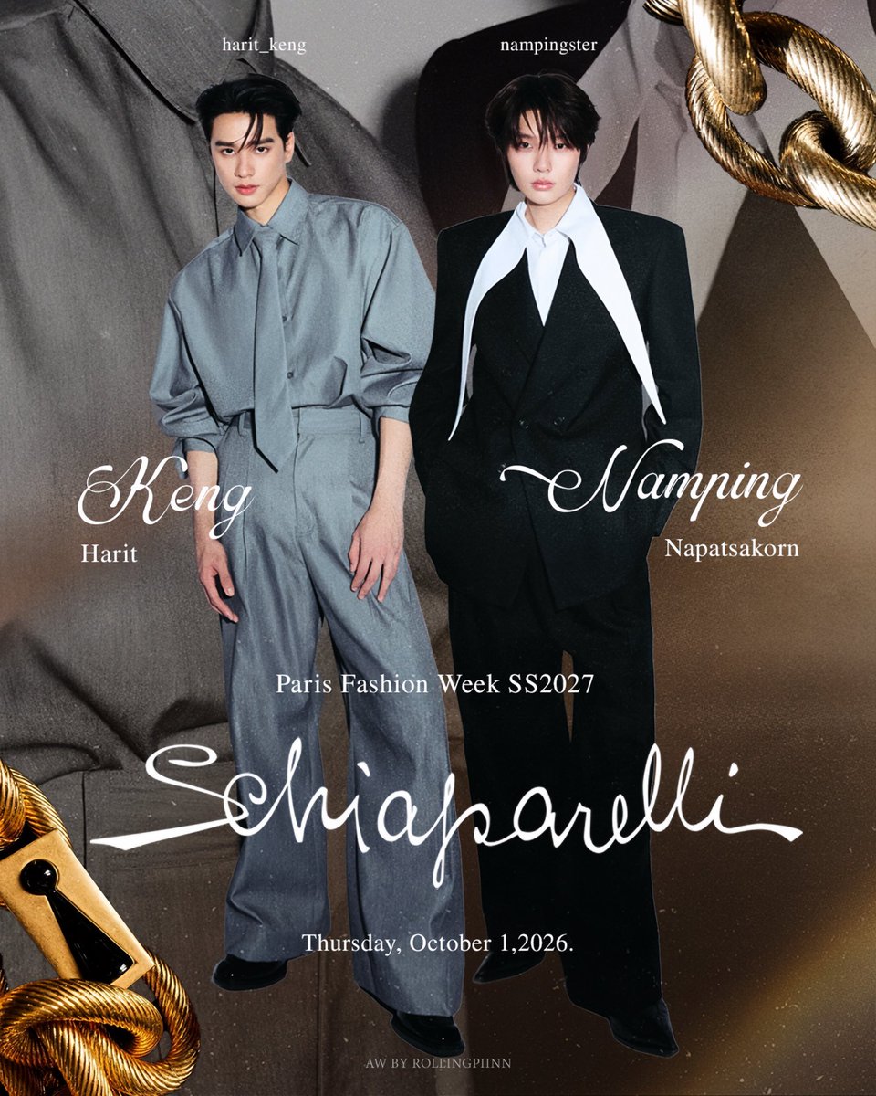 Gift_245's tweet photo. Seeing Keng Harit and Namping Napatsakorn welcomed into Schiaparelli’s imaginative universe feels like such an exciting new connection. Hopefully Paris marks the beginning of an exciting journey with Schiaparelli.

#nampingster #KengHarit #KengNamping #Schiaparelli #PFW https://t.co/lO4IdPwb4z
