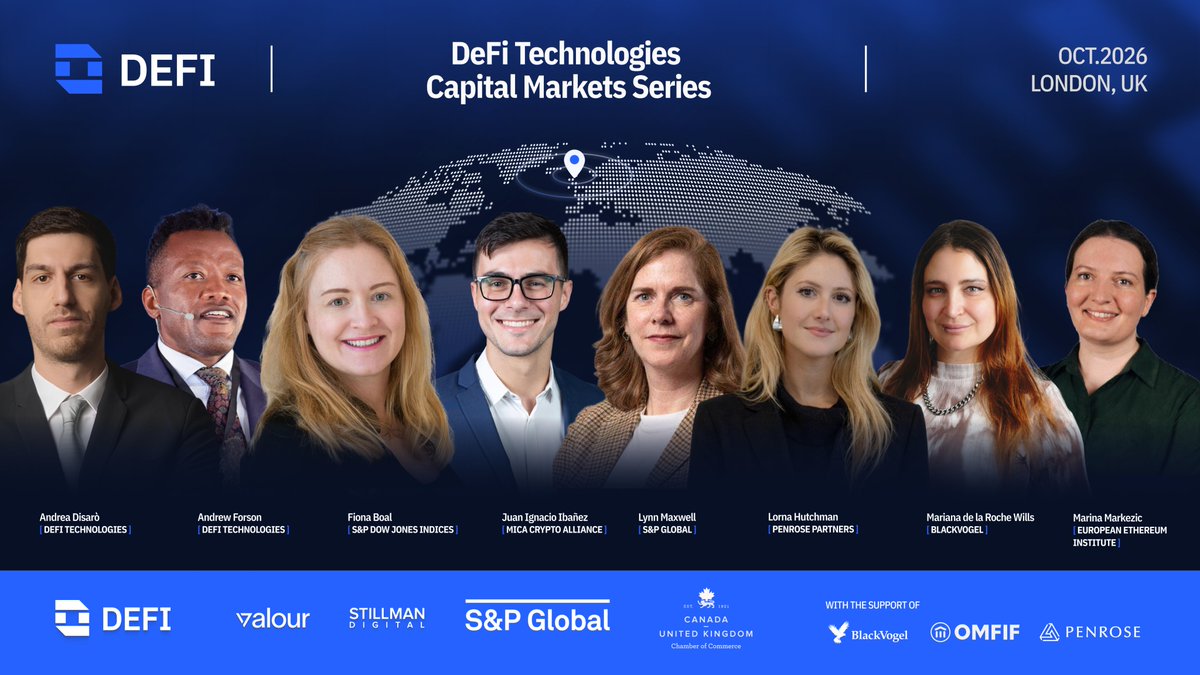 DeFiTechGlobal's tweet photo. The DeFi Technologies Capital Markets Series returns to London for its 2.0 edition. 🇬🇧 

If you allocate capital for a living, this session is built for you. Asset managers, institutional investors, family offices, wealth managers, and capital allocators will spend the day on one question: how digital assets fit into a modern, diversified portfolio, and what regulated, exchange-listed exposure actually looks like in practice.

Expect deep dives designed for professional investors, covering the technological and financial case for digital assets, the mechanics of crypto indices, and clear pathways to safe, secure, regulated exposure through traditional brokerages and exchanges.

🎤 Speakers and industry experts joining the day:

🔹 @Forson, President, @DeFiTechGlobal & Chief Growth Officer, @ValourFunds, @DeFiTechGlobal
🔹 Andrea Disarò, Principal, Structured Products & Quantitative Analysis, @DeFiTechGlobal
🔹 Fiona Boal, Managing Director & Global Head of Equities, @SPGlobal, @SPDJIndices
🔹 Juan Ignacio Ibañez, Executive Director, @MiCA_Alliance
🔹 Lynn Maxwell, Head, Strategic Client Engagement, @SPGlobal
🔹 Lorna Hutchman, Partner, @PenrosePartners 
🔹 Mariana de la Roche Wills, CEO, @BlackVogel_
🔹 @MarinaMarkezic, Executive Director, @EuEthInstitute

🤝 Coordinated in partnership with the Canada-UK Chamber of Commerce and @SPGlobal, with support from @BlackVogel_, @OMFIF, and @PartnersPenrose.

Spots are limited to asset managers, institutional investors, and allocators. Reach out for details at events@defi.tech

@DeFiTechGlobal | @ValourFunds | @DigitalStillman