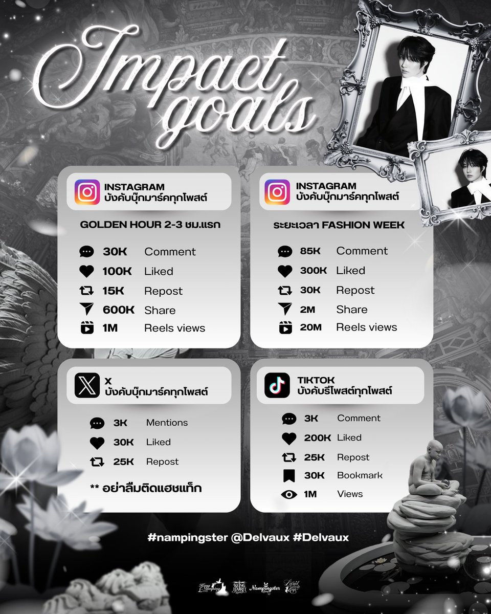 NampingsterLand's tweet photo. Impact Goals for Namping Delvaux 🪷🕯️

สวัสดีค่ะพี่โอ๋โอ๋ สำหรับงาน Delvaux ของน้องน้ำปิงวันนี้ เรามี goal เป็นลิสต์แนวทางที่อยากจะพาพี่ ๆ ทำไปด้วยกันในแต่ละแพลตฟอร์มมาให้ดูกันนะคะ 🤍🙌🏻

อย่างที่พี่ ๆ รู้กันเราจะเน้นที่การเก็บ EMV ของน้องน้ำปิงใน Instragram และแน่นอนว่า TikTok กับ  X เราก็มีแนวทางเช่นกันคับ เชื่อว่าพี่ ๆ ทุกคนทำได้อยู่แล้ว พุ่งสู่ดาวที่เราฝันกันคั้บ⭐️ 

#nampingster @Delvaux #Delvaux