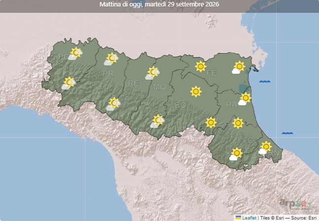 ArpaER's tweet photo. 🌤️Le previsioni #meteo di oggi in #EmiliaRomagna: sereno o poco nuvoloso per la presenza di velature al mattino, e nuovamente in serata, sui settori occidentali
🌡️max 25/27°C sulla costa e pianure, 21/23°C nelle aree montane
Maggiori info https://t.co/hTR8WFH2MV https://t.co/3qmvgHy6x3