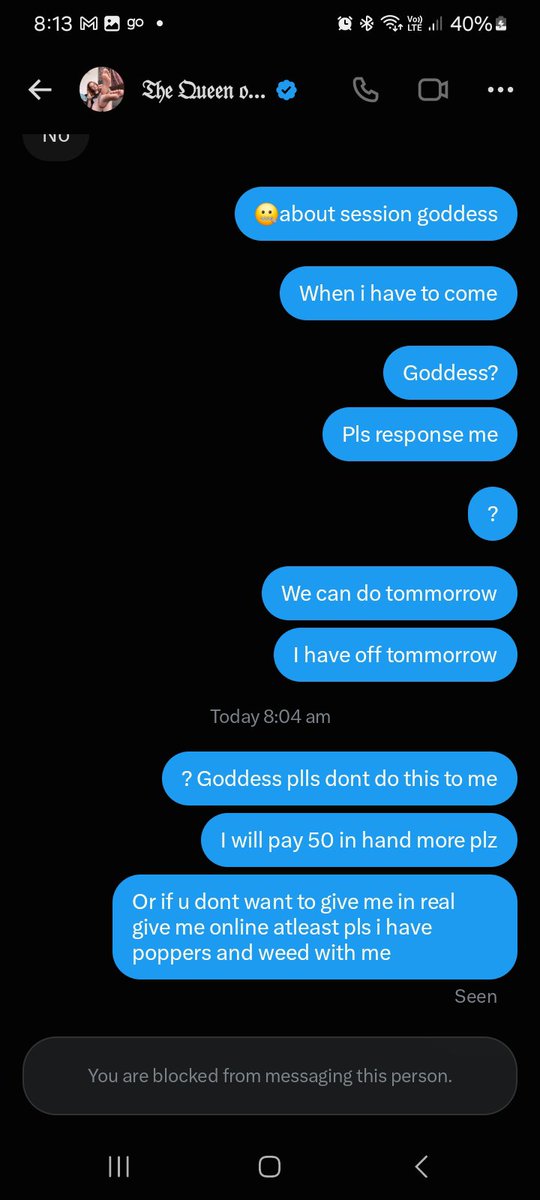 ItsMaj8's tweet photo. @NoMercyFindom_ Look how 
She block me https://t.co/ZFmdojYGYj