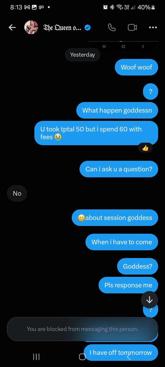 ItsMaj8's tweet photo. @NoMercyFindom_ Look how 
She block me https://t.co/ZFmdojYGYj
