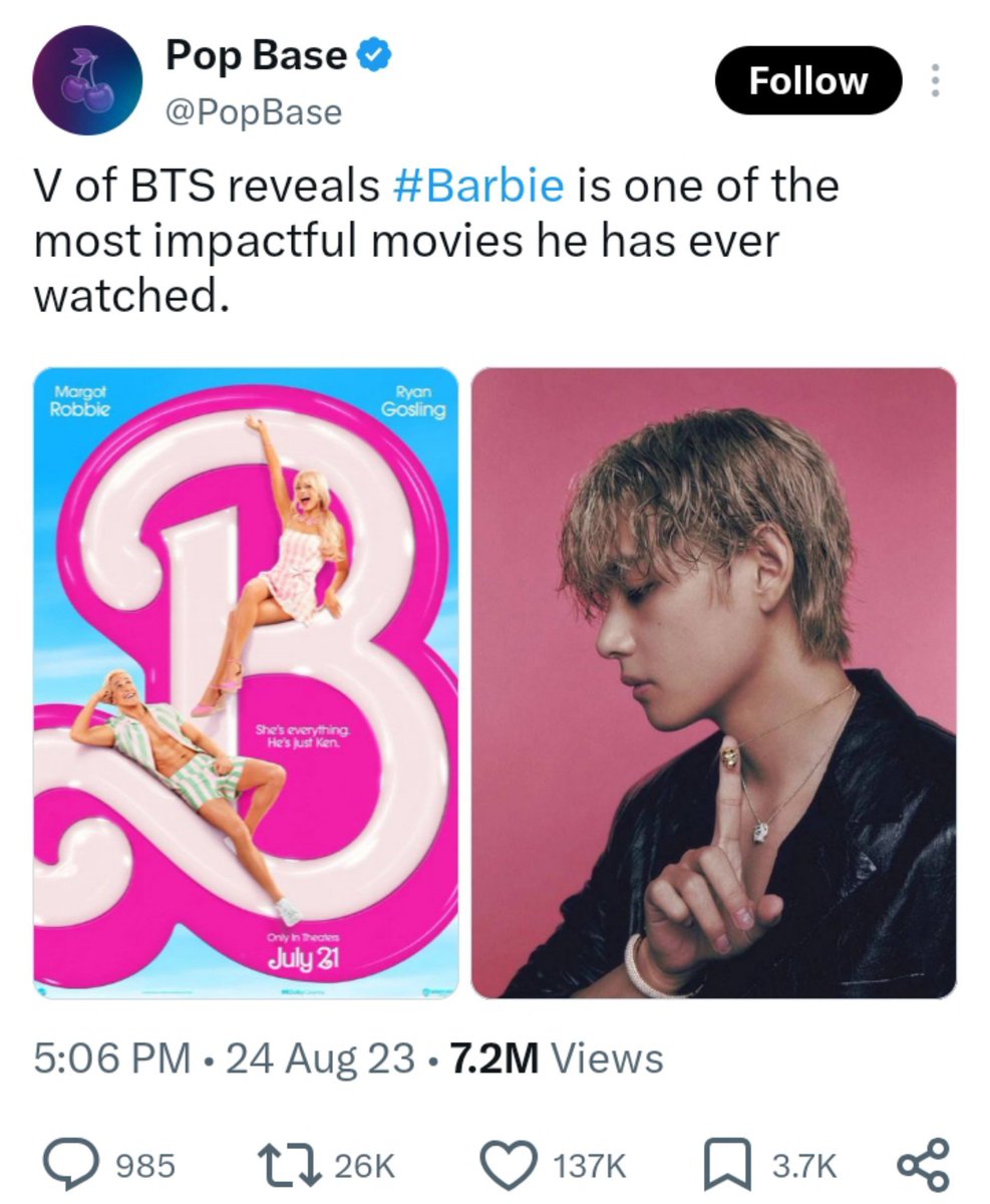 polarnight613's tweet photo. Single, no kids, gorgeous, moisturized, chooses Barbie over Oppenheimer, sings along
"Ladies, don't lose heart, shout it proudly, men! step aside" while driving.

So sexy of Taehyung! https://t.co/9D4gBnFlku