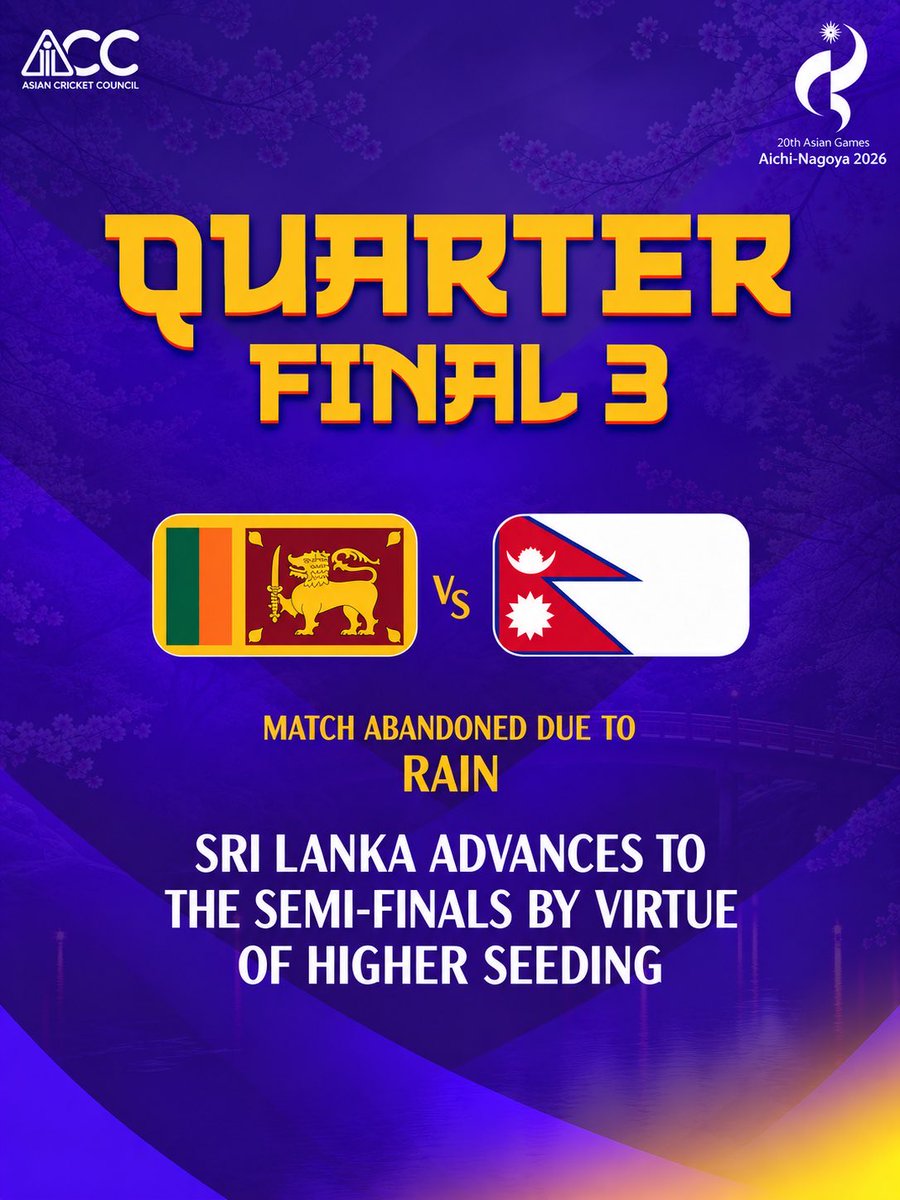 thecrichub_live's tweet photo. The 2026 #AsianGames Quarter-Final 3 between Sri Lanka and Nepal stands abandoned due to rain.
Likewise, the Quarter-Final 4 between Bangladesh and Malaysia is abandoned due to rain.
Both Sri Lanka and Bangladesh are through to Semi-Final.
#Cricket #AsiaCricket #SLvsNEP #BANvsMAL | @AsianGames_2026 @ACCMedia1 @OfficialSLC @BCBtigers