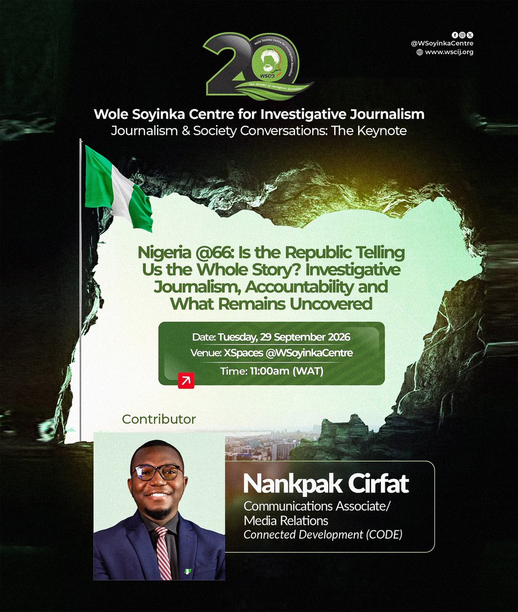 IamNankpak's tweet photo. As Nigeria approaches 66, whose stories remain untold, and what questions still demand answers?

Today, I’ll join the @WSoyinkaCentre for a conversation, building on the ground work we do at @Connected_dev.

#SpeakLife #NigeriaAt66 https://t.co/qipyPoTWKa