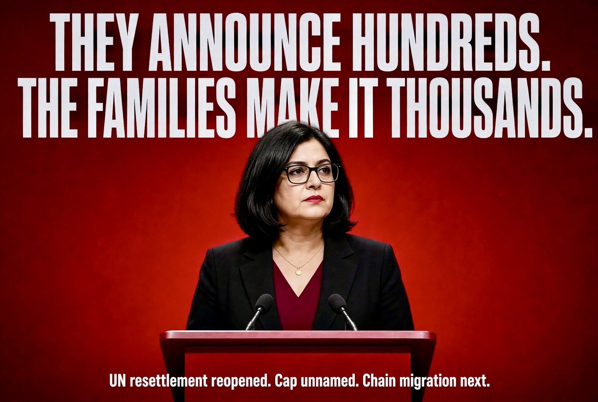 Enoughsenough00's tweet photo. 🚨 THEY ANNOUNCE HUNDREDS. THE FAMILIES MAKE IT THOUSANDS.
Mahmood just reopened UN-picked refugee resettlement. First arrivals this year. Cap still unnamed.
Then family reunion does the real work. One woman already brought 17 relatives 👀 https://t.co/mNr54n4k3l
