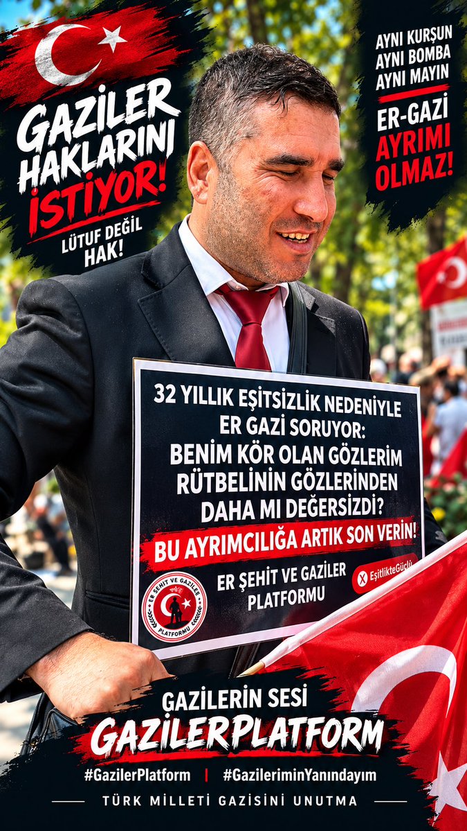 gazilerplatform's tweet photo. 32 yıllık eşitsizlik artık sona ermeli!

Aynı vatan, aynı görev, aynı kurşun, aynı bedel… Er gazileri neden rütbeye göre ayrıştırılıyor?

Biz lütuf değil, emsal düzeyde haklarımızı istiyoruz.
Ayrımcılığa son, adalete eşitlik!

🇹🇷 Türk milleti gazisini unutma!
#GazilerPlatform #GazileriminYanındayım #ErGazileri #LütufDeğilHak #BizimÇocuklar #türkiye 🇹🇷 #gündem