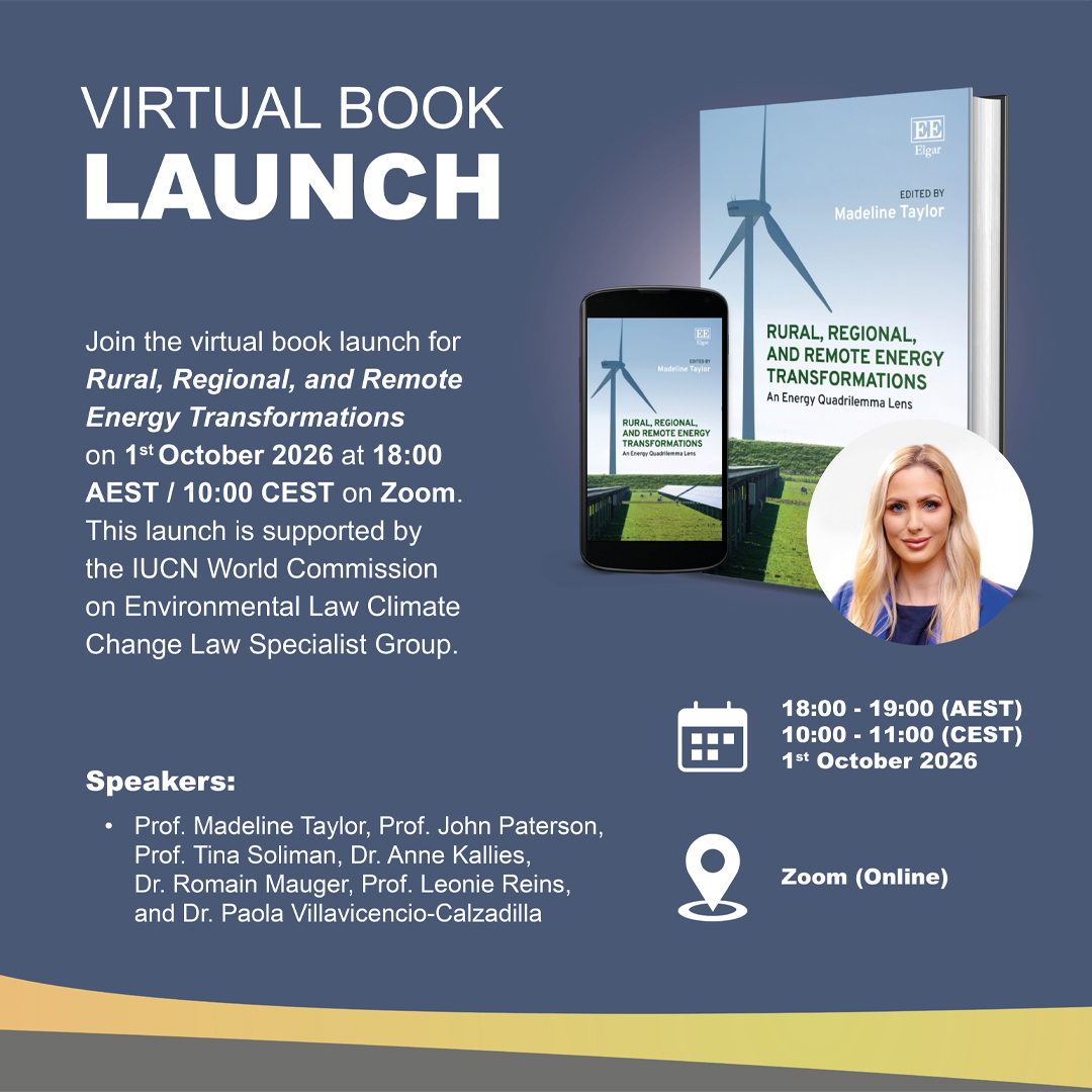 ElgarPublishing's tweet photo. Register for the online book launch: Rural, Regional, and Remote Energy Transformations: An Energy Quadrilemma Lens

📆 Date &amp; time: 6:00pm – 7:00pm (AEST) / 10:00 am – 11:00 pm (CEST), Thursday, 1st October 2026

🖥️ Location: Zoom

🔵 Register to attend: https://t.co/YK1MklzIuA https://t.co/mSkBqp4gN7
