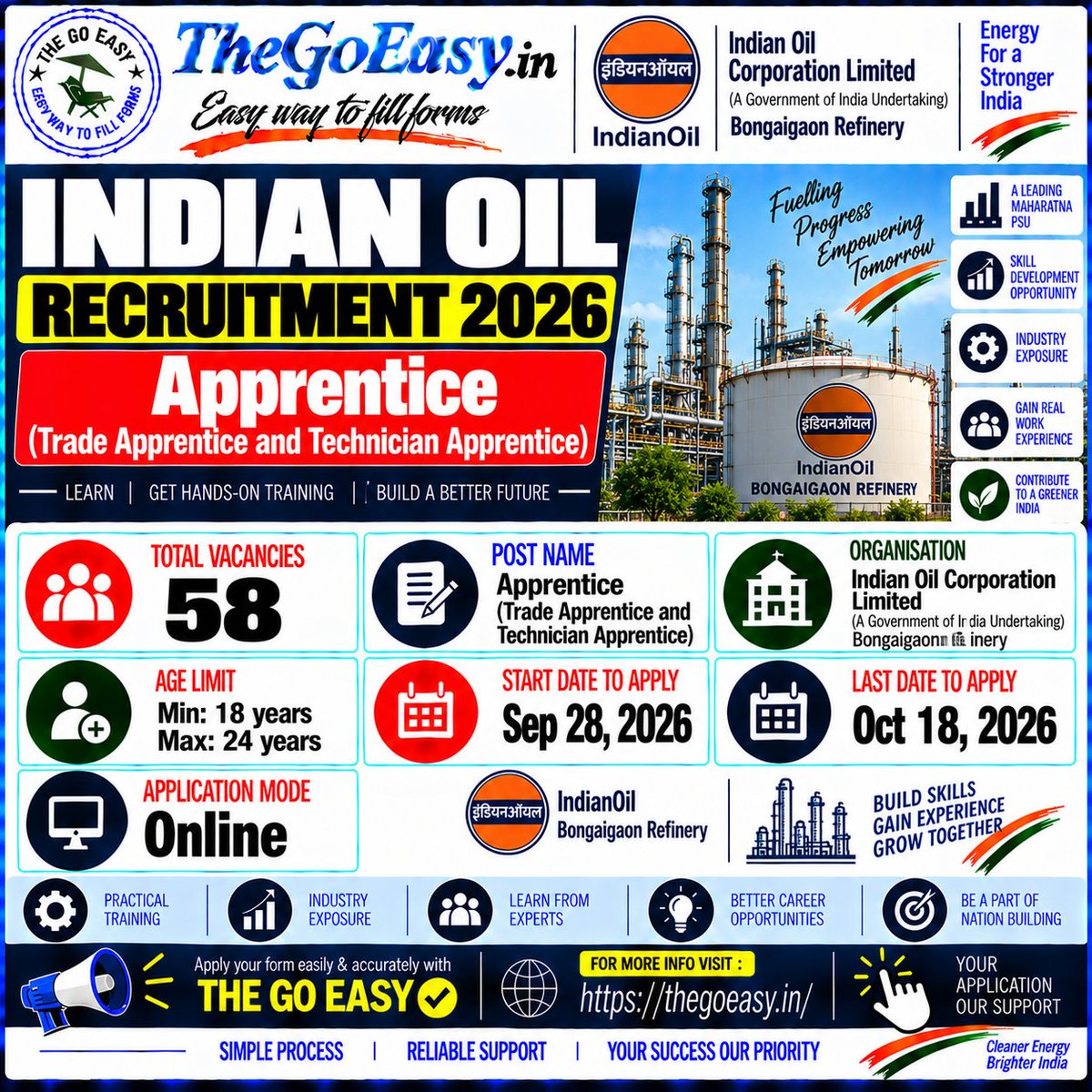 thegoeasy's tweet photo. 🚨 Indian Oil Apprentice Recruitment 2026 | 58 Posts
📋 Posts: Trade Apprentice &amp; Technician Apprentice
🏢 Organisation: Indian Oil Corporation Limited (IOCL)
🎂 Age: 18–24 Years
💻 Application Mode: Online
🔗 For More:
🔗 https://t.co/Fi0kUIFufJ https://t.co/geep1znDtJ