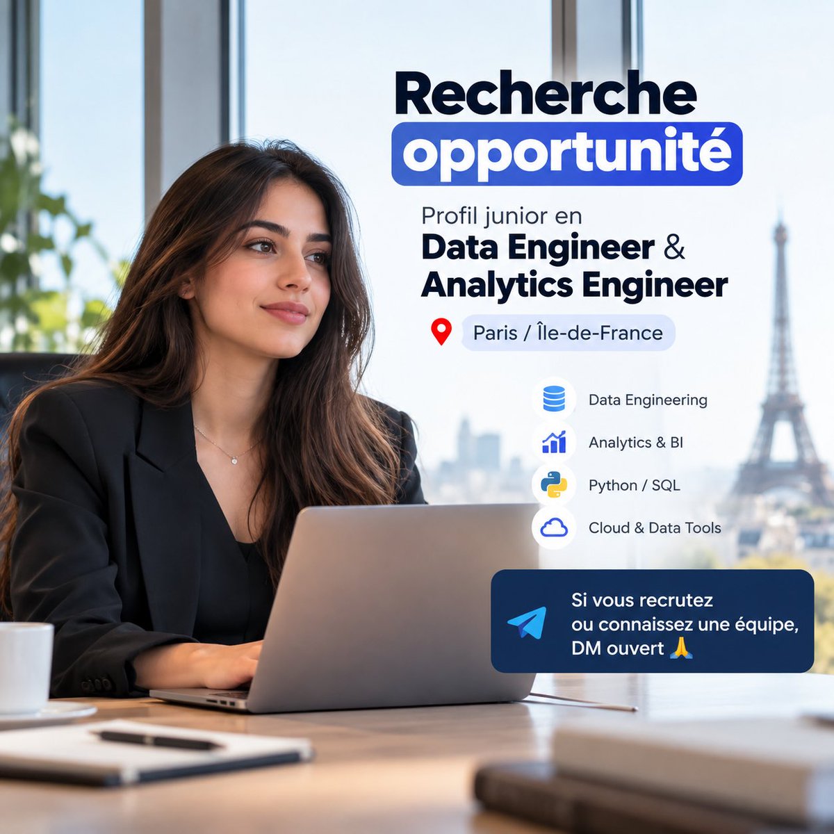 IMAD_Hassan13's tweet photo. 🚀 Je cherche une opportunité à Paris pour une jeune fille marocaine 🇲🇦 profil junior en Data Engineer & Analytics Engineer.
Si vous recrutez ou connaissez une équipe à la recherche de ce profil, DM ouvert 🙏
#DataEngineer #AnalyticsEngineer #Paris #Hiring https://t.co/disJoGVm56