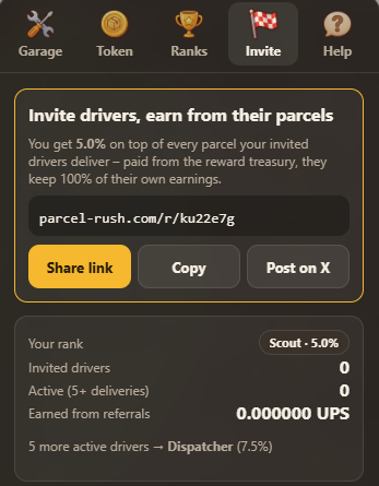ParcelRushRH's tweet photo. One player invited 30 friends in the first 11 hours. 

Invite drivers with your link and earn up to 15% of what they make – paid in $UPS, on top of your own deliveries. https://t.co/jVEuEOq2HL
