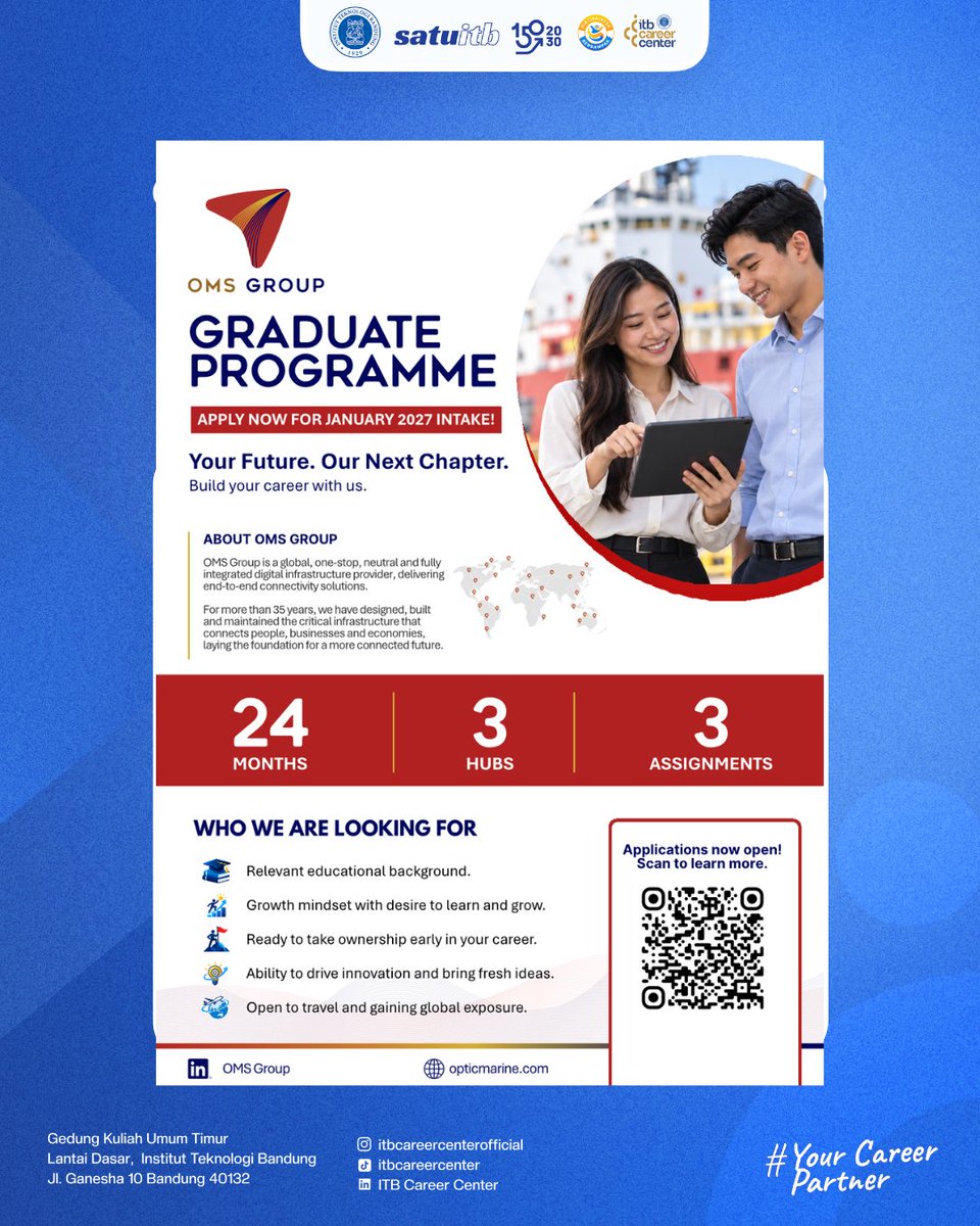 ITBCareerCenter's tweet photo. [LOWONGAN KERJA]

🚀 Saatnya melangkah lebih jauh dalam kariermu!

Kabar baik nih —
PT Optic Marine Indonesia lagi buka lowongan untuk posisi
🎯GRADUATE PROGRAMME

✨ Cek detail lengkap dan posisi lainnya hanya di
👉 https://t.co/Po2EO7TD5e
✨ Lamar sebelum 29 Oktober 2026 https://t.co/wjxS7b35bo