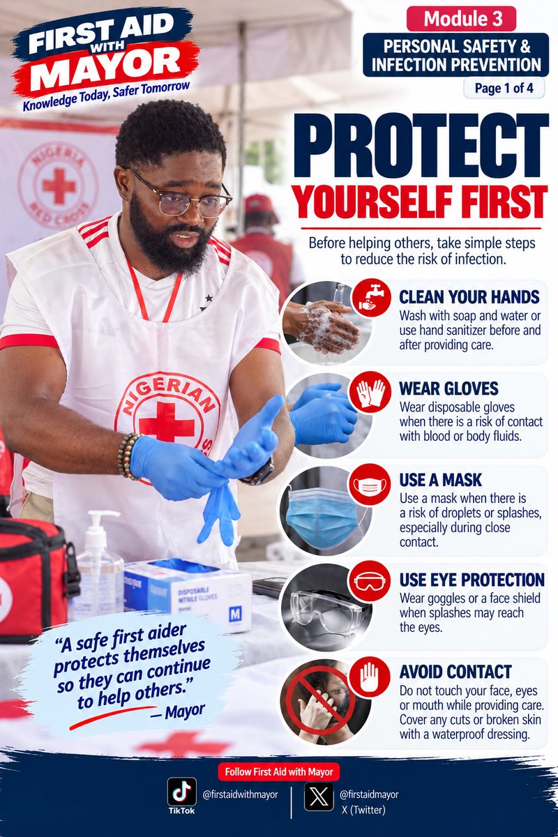firstaidmayor's tweet photo. 🧤 Protect yourself before you help.
Hand hygiene, PPE, safe handling of blood/body fluids, and preventing cross-contamination protect both you and the casualty.
If exposure happens, act quickly and seek medical advice.
Protect yourself. Protect others. 🚑
#FirstAidWithMayor https://t.co/7s2K9dj3qU
