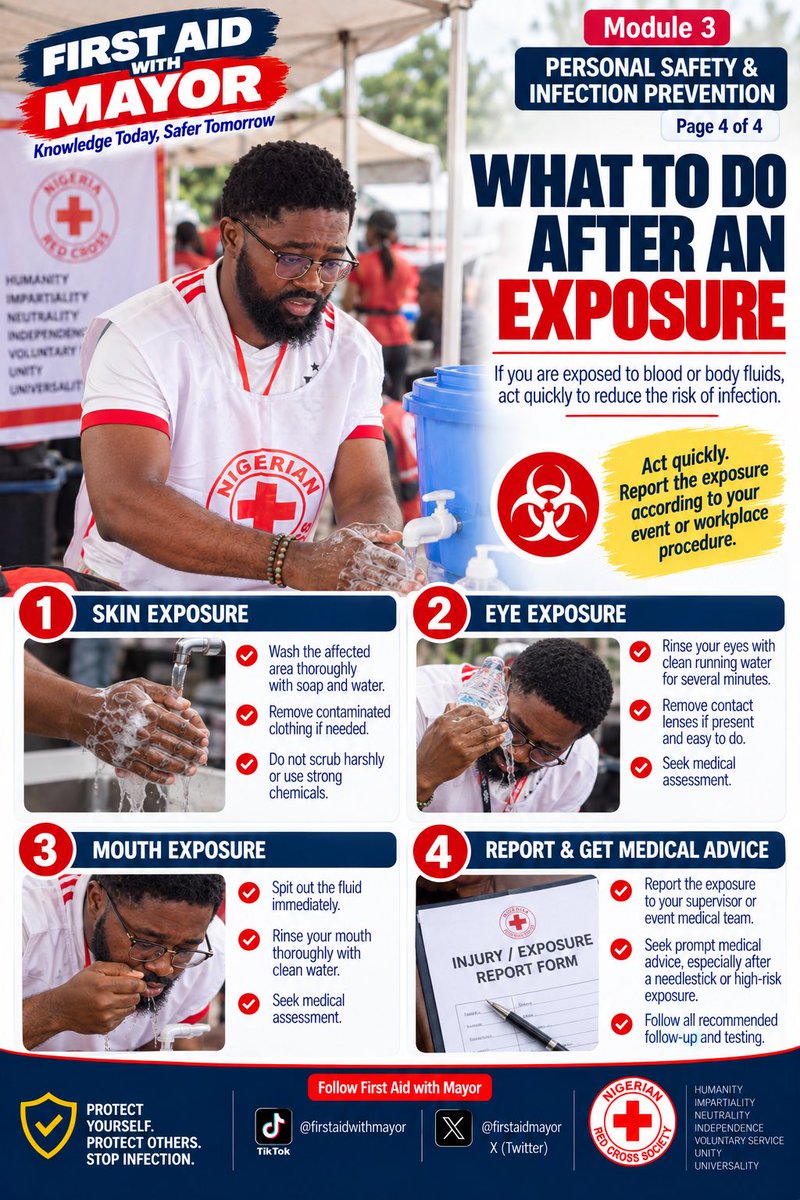 firstaidmayor's tweet photo. 🧤 Protect yourself before you help.
Hand hygiene, PPE, safe handling of blood/body fluids, and preventing cross-contamination protect both you and the casualty.
If exposure happens, act quickly and seek medical advice.
Protect yourself. Protect others. 🚑
#FirstAidWithMayor https://t.co/7s2K9dj3qU