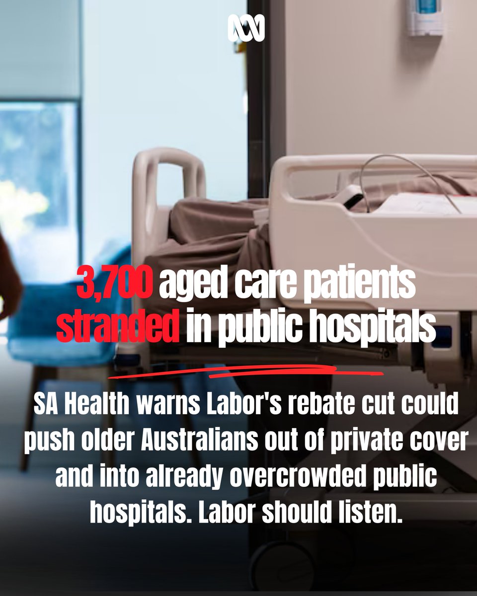 Anne_Ruston's tweet photo. More than 3,700 aged care patients are stranded in public hospitals.

SA and other states warn changes to private health rebates for over-65s could add further pressure. The Commonwealth says its modelling indicates the impact will be modest. https://t.co/cFBlIyWSMx