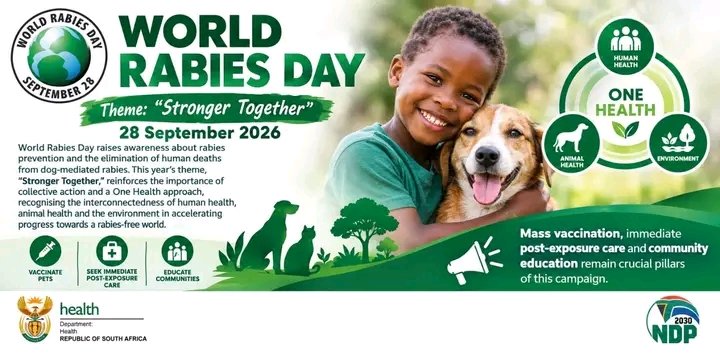 HealthZA's tweet photo. Rabies remains one of the world's deadliest yet most preventable diseases. This year's World Rabies Day theme, 'Stronger Together', reminds us that eliminating rabies requires partnership at every level.
#WorldRabiesDay #WRD2026
#strongertogetherforyou https://t.co/ZqIBz7iSP3