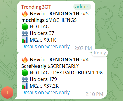 ScreNearly's tweet photo. New on ScreNearly 🔔 Trending bot

Trending alerts now drop in our Telegram:
• a token enters the Top 5 in Trending 1H or NEW
• a new #1
• a Top 5 board every hour

Each alert: holders, market cap, DEX PAID / burn. RED tokens are never posted.

Join 👇
https://t.co/gOFSvrt0uZ https://t.co/ReVVn5LePc