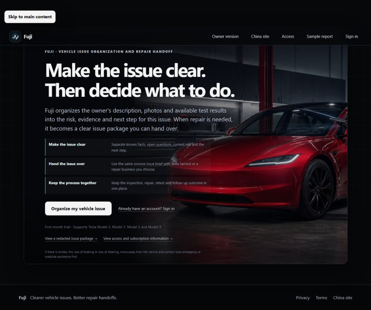 Lucas_7571's tweet photo. Got an issue with your Tesla? Don't just guess. 🚗⚡️

Fuji organizes your description, photos, and test results into one clear issue package. Know the risk, evidence, and next step before handing it over to a shop.

✅ Clearer vehicle issues
✅ Better repair handoffs https://t.co/Pa5jyoBrCS