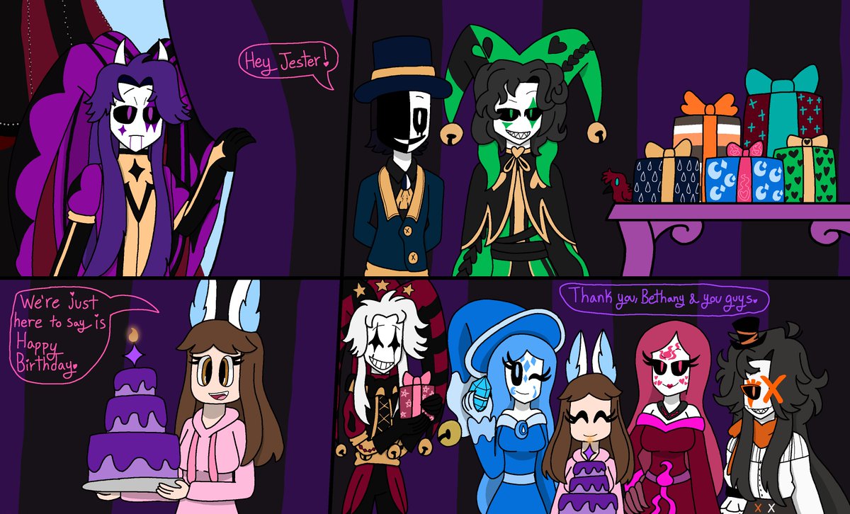 Bethychu2005's tweet photo. Happy Birthday to Jester (ft my ocs, Ophelia and Cecilia) and Tessitore - belongs to @junkiiart #freakcircus #tickettaker #selfinsert #harlequin #Pierrot #doctor #jester #freakcircusocs https://t.co/uMcgMBbdEW