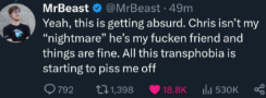 TuxedoWorm's tweet photo. i dont get this tweet bc mr beast clealry says hes against transphobia in it but missgenders and deadnames ava anyway so like??? https://t.co/dFQKg83urx