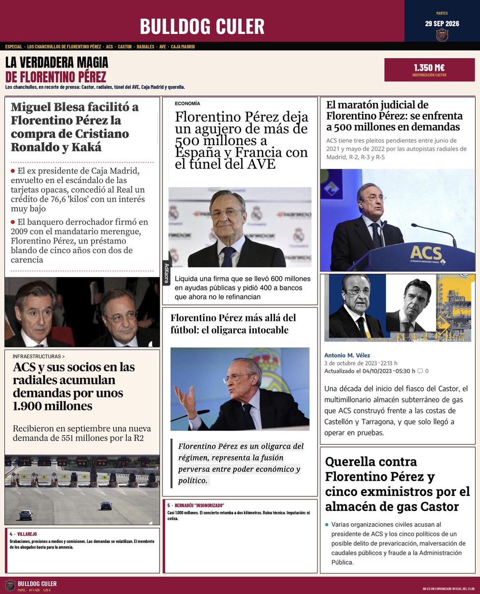 Joshuaakimmich6's tweet photo. la **VERDADERA magia de Florentino 

ATENTOS AL HISTORIAL DE “ÉXITOS” Y CHANCHULLOS:

1️⃣ EL PROYECTO CASTOR
La mayor estafa legal de la historia

Construye un depósito de gas bajo el mar que provoca más de 500 terremotos.

¿Ruina absoluta? Para los vecinos, sí.

¿Para él? La cláusula del contrato decía que, pasara lo que pasara, cobraba.

Resultado: 1.350 MILLONES DE EUROS de indemnización pagados a tocateja.

A día de hoy seguimos pagando el desastre del Castor en la factura del gas de cada casa.

¡Terremotos para la gente, billetes para Floren! 🌋💸

2️⃣ M-12 Y LA RUINA DE LAS AUTOPISTAS RADIALES

Monta un entramado de autopistas de peaje que no usaba ni el Tato porque eran carísimas e innecesarias.

¿Quebraron todas? Por supuesto.

¿Que apechogó ACS con las pérdidas?

¡Ja!

Rescate público al canto con dinero de los contribuyentes.

Su modelo de negocio es impecable:

si hay beneficios son para mi empresa, si hay pérdidas son para el Estado.

Privatizar ganancias, socializar ruina. 🛣️💣

3️⃣ EL TÚNEL DEL AVE POR LOS PIRINEOS (TP FERRO)

Otra joya.

Hacen un túnel para conectar #España y Francia en tren de alta velocidad.

Entra en liquidación porque las previsiones de tráfico eran un chiste inventado en una servilleta.

¿Consecuencia?

La empresa quiebra, pero #ACS exige cientos de millones en indemnizaciones por la cara. 🚆🕳️

4️⃣ LOS CHANCHULLOS DE VILLAREJO Y LA “GUERRA SUCIA”

Aparecen grabaciones de las cloacas del Estado y audios cruzados donde el nombre de Florentino baila entre comisiones, presiones a medios de comunicación para machacar a rivales y favores políticos.

¿Pasa algo?

Nada.

Las demandas se volatilizan y los fiscales sufren amnesia repentina nada más ver el membrete de sus abogados. 🕵️‍♂️📑

5️⃣ EL “BERNABÉU INSONORIZADO” QUE RETUMBA EN TOLEDO

Gasta casi 1.000 millones en reformar el estadio prometiendo un aislamiento acústico revolucionario de última tecnología…

Y cuando empiezan los conciertos los vecinos tiemblan a 2 kilómetros a la redonda.

¿Ruina técnica?

Toda.

¿Imputación para Florentino?

Ni cotiza. 🏟️🔊

Es el único ser humano en la Tierra capaz de arruinar una obra pública, provocar un sismo, dejar una deuda millonaria y salir del juzgado sonriendo mientras el juez le pide un certificado de autenticidad para una camiseta firmada por #Mbappé.

#FlorentinoPérez #Almeida #Aznar #Pp #FelizMartes #España #Madrid #RealMadrid #selección #Española #LamineYamal