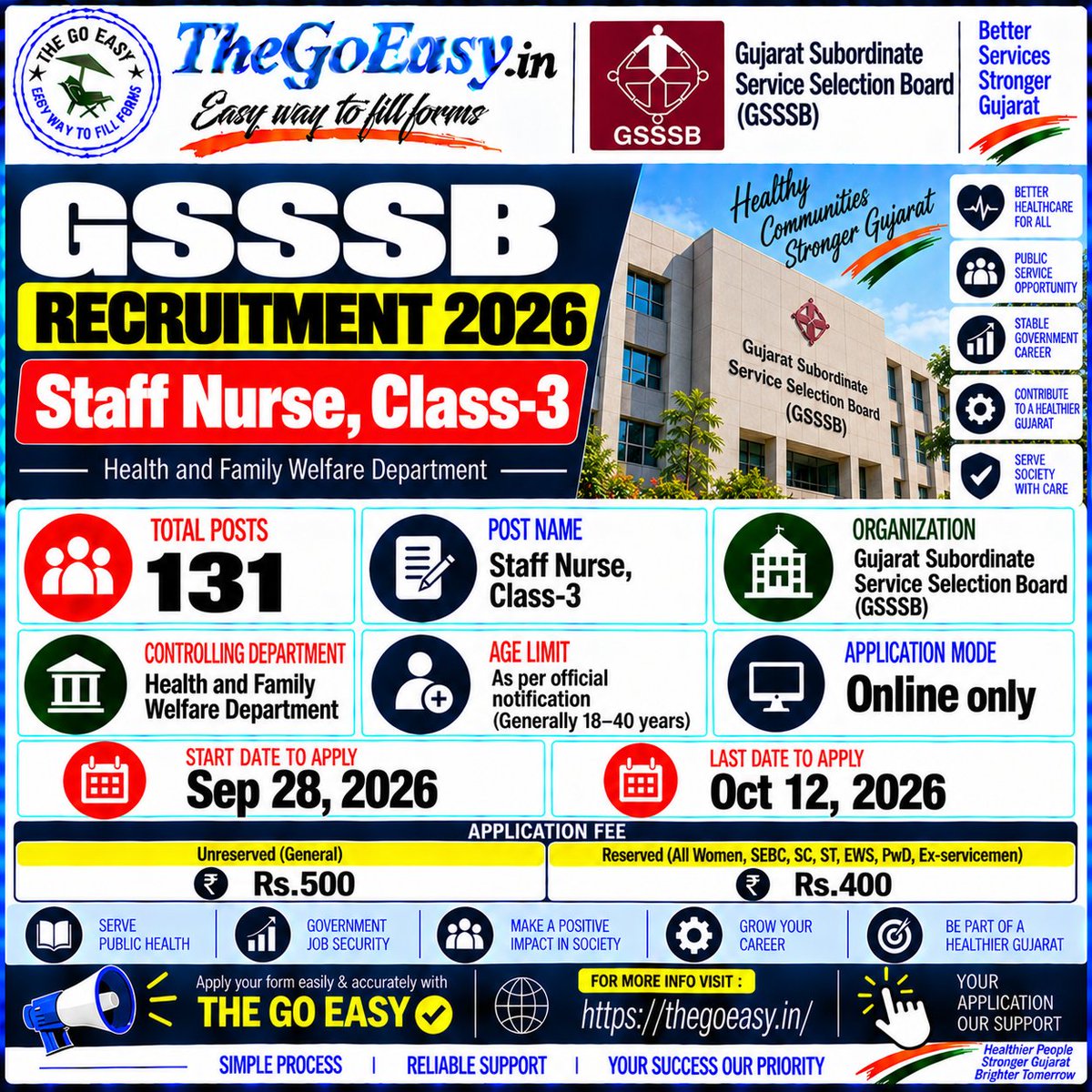 thegoeasy's tweet photo. 🚨GSSSB Staff Nurse Recruitment 2026 | 131 Posts
📋Post: Staff Nurse Class-3
🏢Organisation: Gujarat Subordinate Service Selection Board (GSSSB)
🏥Department: Health and Family Welfare
🎂Age: Generally 18–40 Years
💻Application Mode: Online
🔗For More:
🔗 https://t.co/Fi0kUIFufJ https://t.co/axYd1SuQb3