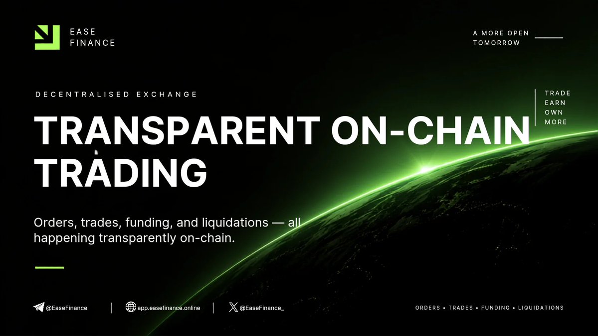 easefinance_'s tweet photo. Transparency matters when you’re trading on-chain.

With Ease Finance, the trading experience is built around an on-chain order book where key market activity happens transparently on the network.

Orders. Trades. Funding. Liquidations.

The goal is simple: make the mechanics of the market visible, not hidden behind a black box.

On-chain trading, with a clearer view of what’s happening underneath.

Ease Finance.

#EaseFinance #DEX #DeFi #OnChain #Crypto