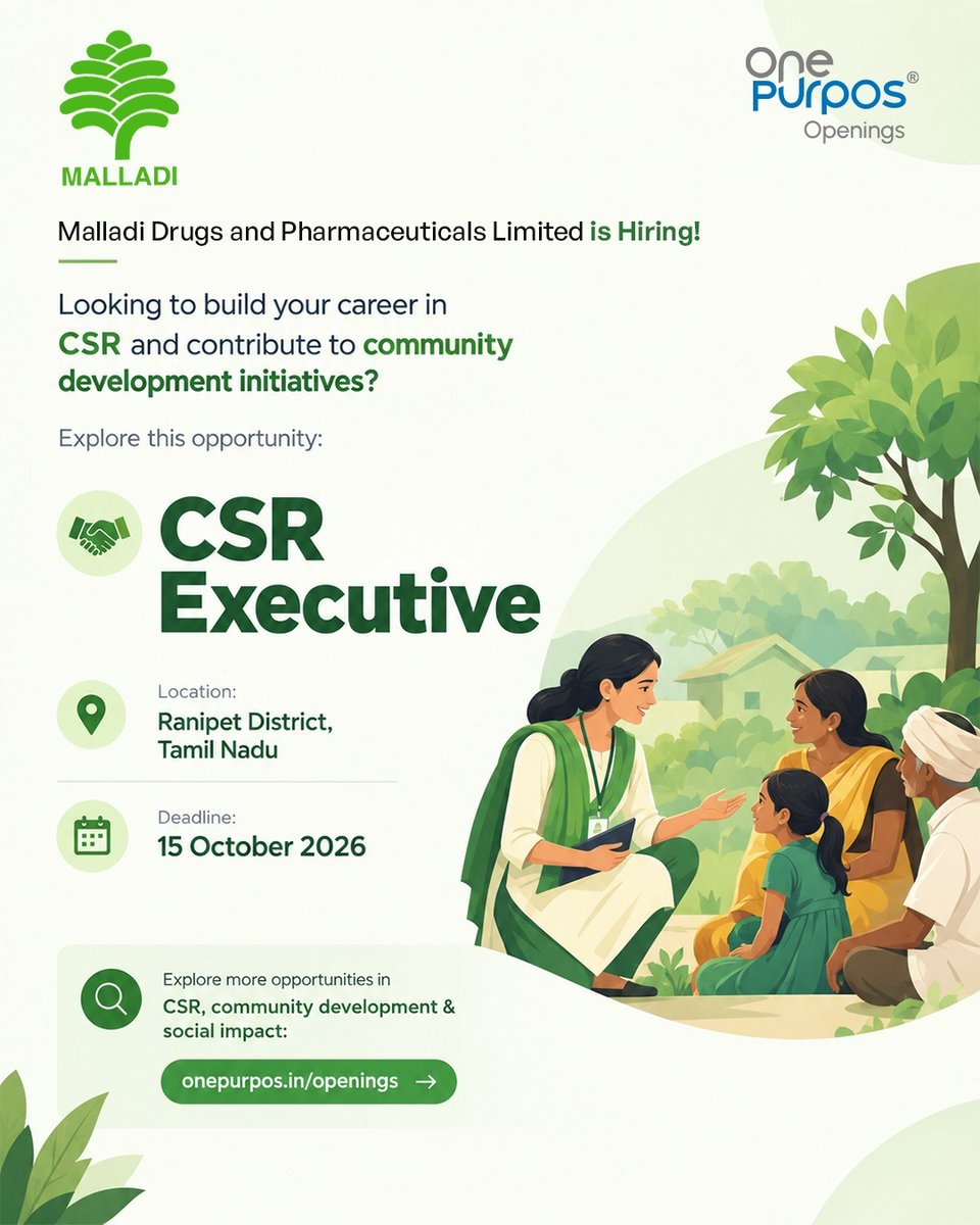 OnePurpos_'s tweet photo. #JobOpening | *Malladi Drugs and Pharmaceuticals Limited is Hiring!* 🌱

🎓 *Freshers interested in building a career in CSR — this opportunity is for you!*

🤝 *Position:* CSR Executive  
📍 *Location:* Ranipet District, Tamil Nadu  
🗓️ *Deadline:* 15 October 2026

*Who can apply?*  
Candidates with:
* BSW / MSW  
* MA in Corporate Social Responsibility  
* PG Diploma in CSR  
* Relevant CSR / ESG qualification or certification  

✨ *Freshers are welcome to apply.*

👉 *Explore the role & apply:*  
https://t.co/6wbRvzesdK

Know someone looking to begin their career in *CSR and social impact*? Tag them or share this opportunity with your network!

#CSRJobs #FreshersJobs #CSRExecutive #SocialImpactJobs #TamilNaduJobs #ESGJobs #DevelopmentSector #OnePurposOpenings