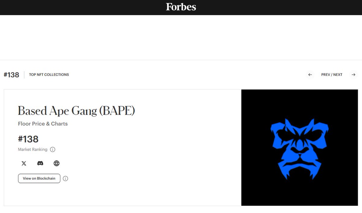 reidonft's tweet photo. DAMN @BasedApeGang almost top 100 collections across all chains on forbes ! https://t.co/kbtgtZpojL