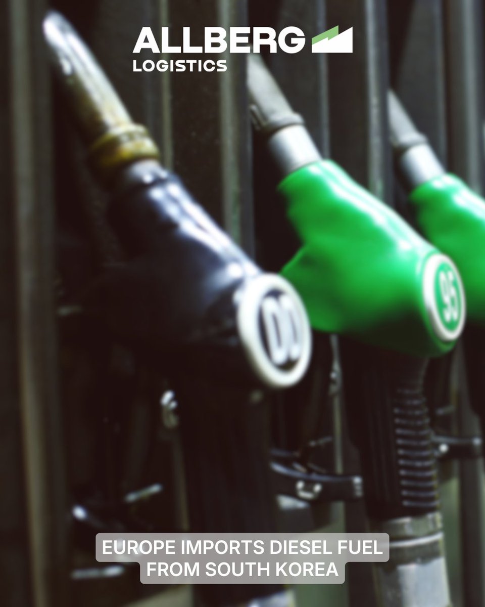 ALLBERGGLOBAL's tweet photo. Europe is sourcing diesel from more than 19,000 km away. Around 90,000 tonnes are heading from South Korea to north-west Europe as regional inventories hit a 4-year low. EU diesel averaged €1.94/litre in Q2 — adding further pressure to freight costs. #Logistics #RoadFreight https://t.co/HAt1JUwWPg