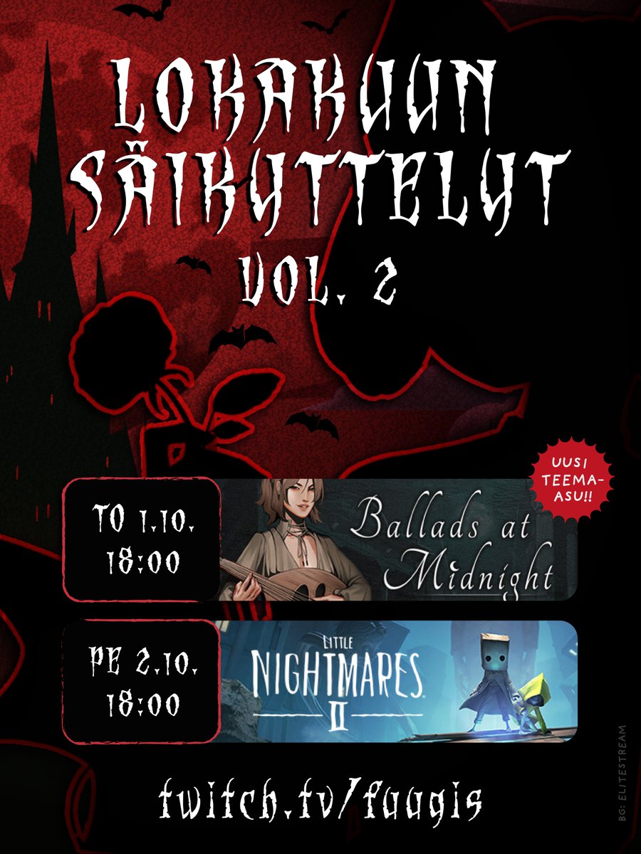 FuuStreams's tweet photo. "Lokakuun Säikyttelyt" on täällä taas, eli Halloween-teemaisia striimilähetyksiä luvassa koko lokakuun ajan! 🎃🦇

Torstaina korkataan myös uusi teema-asu tämän vuoden Lokakuun Säikyttelyihin, mikähän se mahtaa olla..? 👀

Nähdään striimeissä! 👻✨ https://t.co/VsLukAMgSY