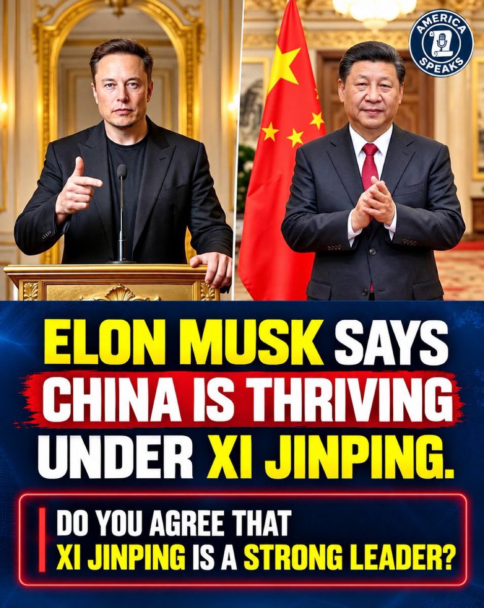 elonchat29600's tweet photo. 🚨 Elon Musk praised Xi Jinping as a “great leader,” saying China has prospered under his leadership. 
What’s your take? 🇺🇸🇨🇳
A) 👍 Agree
B) 🤔 Partly agree
C) 👎 Disagree
D) 🧐 Need more context https://t.co/yRqhA6vlff