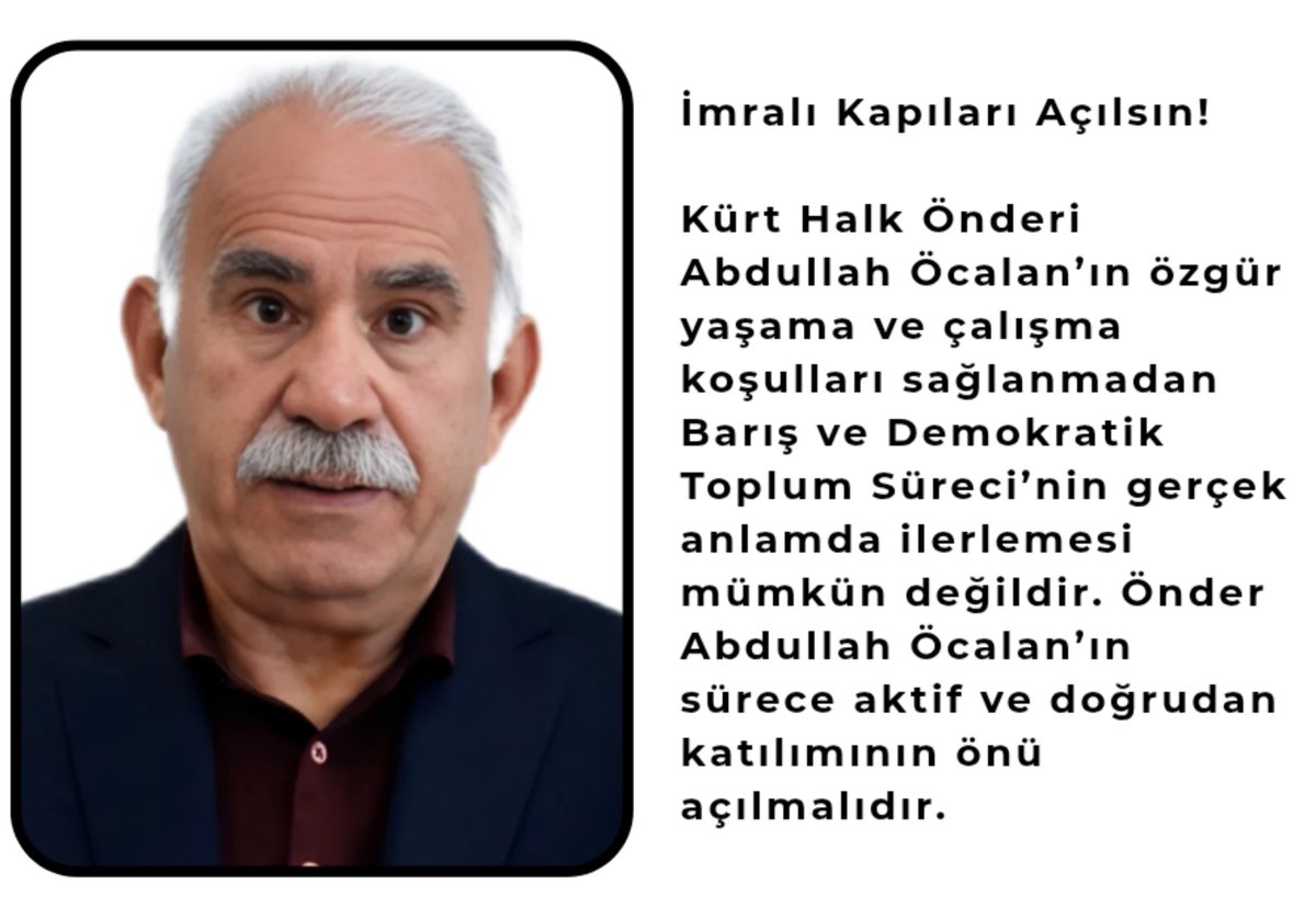 KominaJiyanaJin's tweet photo. İmralı Kapıları Açılsın!

Önder Abdullah Öcalan’ın özgür yaşam ve çalışma hakkının güvence altına alınması, yalnızca bir özgürlük talebi değil, aynı zamanda barış sürecinin gereğidir. Sürecin ilerlemesi için Önder Öcalan’ın aktif rolünü özgürce yerine getirmesi sağlanmalıdır. https://t.co/uQL0gtaLSd
