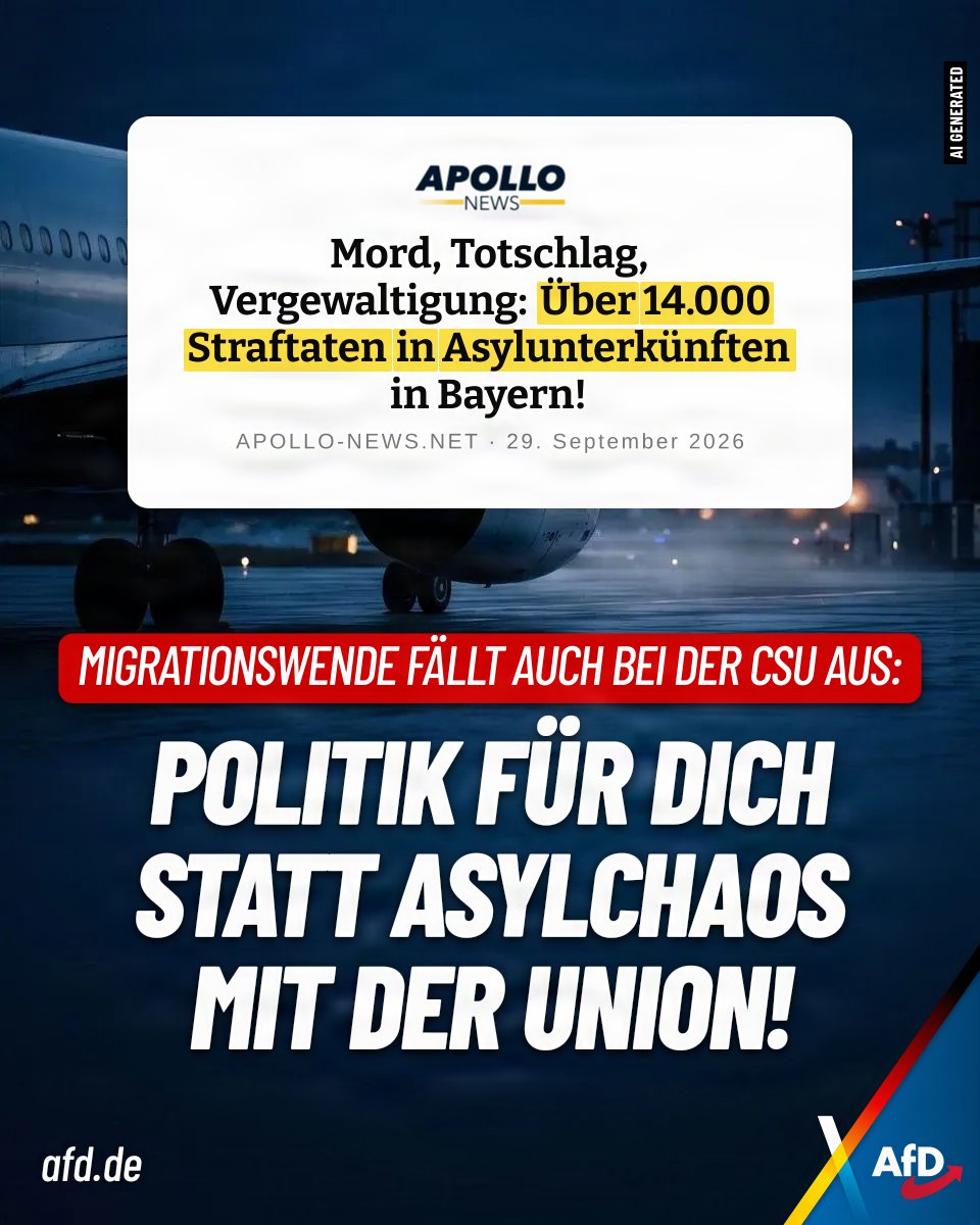 AfD's tweet photo. Markus Söder (CSU) redet von Härte, liefert aber nur Chaos: Über 14.000 Straftaten gab es binnen eines Jahres in Bayerns Asylunterkünften, darunter Morde und Vergewaltigungen. Die versprochene Asylwende der Union ist eine reine Farce. https://t.co/C0hhEBiYoL https://t.co/dOwMZBbxQe