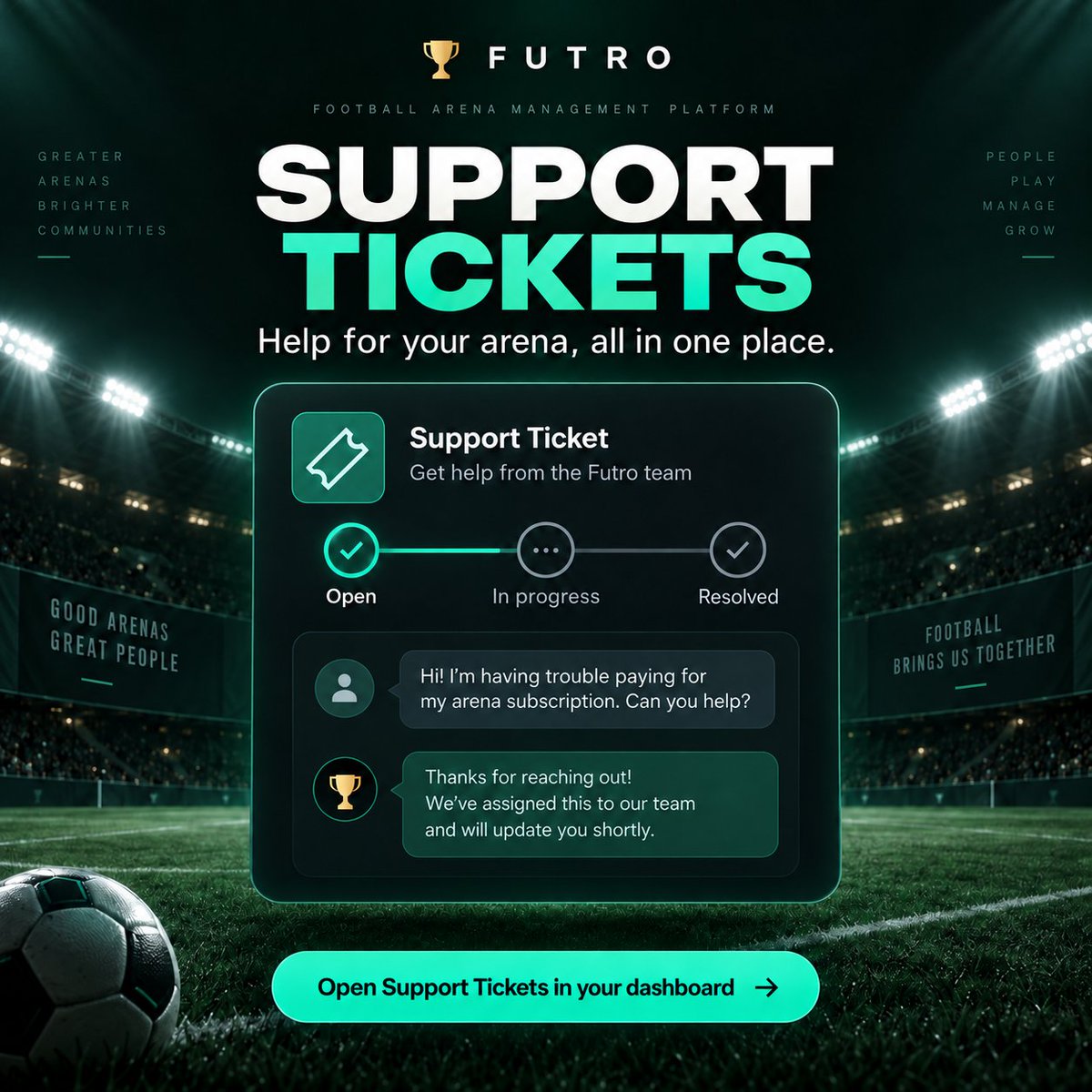 futro_ng's tweet photo. 🎟️ New on Futro: Support Tickets

Arena admins can now get help directly from the Futro dashboard.

Create a ticket, choose a priority, follow replies, and track progress from Open → In Progress → Resolved.

⚽ Better support. Better experience.

#Futro #FootballTech #Ballers https://t.co/iGRPPHXjYG