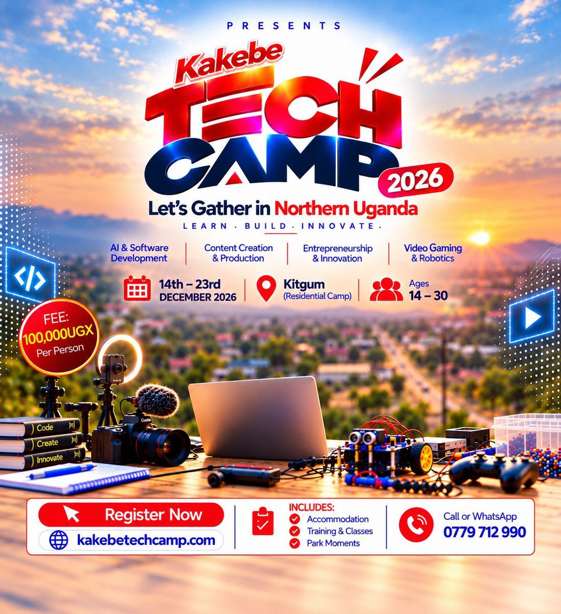 OjokOkot_'s tweet photo. Kitgum, the Kakebe Tech Camp is coming to your town this year! 🚀

Come, let’s gather to learn, build and innovate.

If you know a young person aged 14–30, don’t hesitate to sign them up. Participation is only UGX 100,000.

I can confidently say there are few better ways for a young person to spend their December holiday than learning new skills, meeting other young innovators, building ideas and discovering what they can create with technology.

Northern Uganda, this December, let’s learn. Let’s build. Let’s innovate.

@BenOngomTweets
@Spraggapromo 
@OlengeTonny 
@LoumBernard