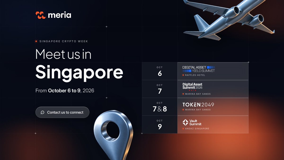 Meria_Finance's tweet photo. Meet us in Singapore 🇸🇬

From October 6th to 9th, our team will be on the ground for Singapore's crypto week:

📍 DAYS, Digital Asset Yield Summit @Yield_Summit, October 6th

📍 Digital Asset Summit Asia @blockworksDAS, October 7th

📍 @token2049, October 7th to 8th

📍 Vault Summit @vault__summit, October 9th

And 20+ side events all week long

Staking, onchain yield, institutional adoption: four days to talk about what's shaping tomorrow's finance.

Will you be there too? Contact us to connect 👋