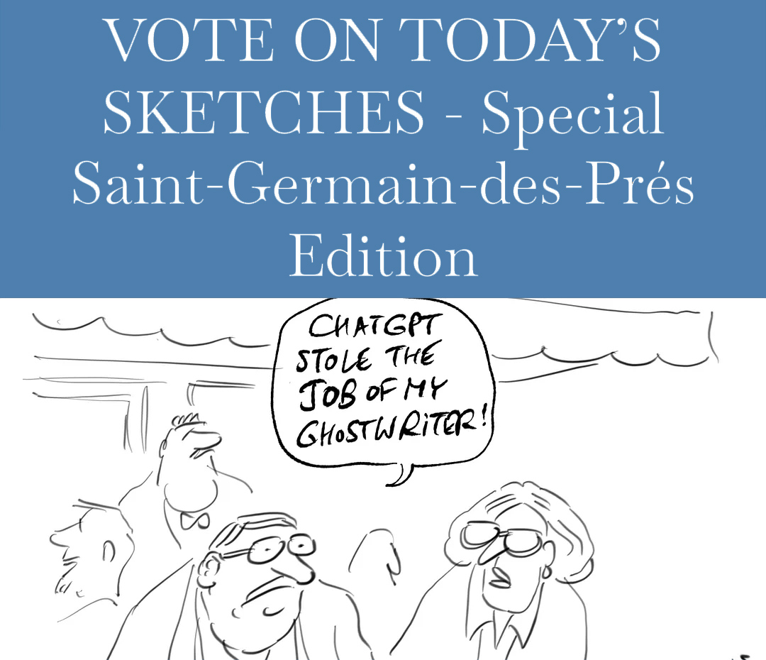 PatChappatte's tweet photo. THE AI SCANDAL : A literary prize favorite allegedly written with AI has sent shockwaves through the book world. VOTE FOR YOUR FAVORITE SKETCH  👉 https://t.co/bSeXN61yRo https://t.co/l1lqTEHu3n