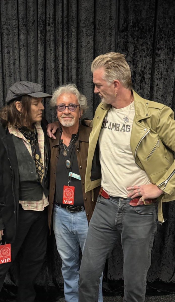 OfficiaIJohnnyD's tweet photo. Our Backstage vibes in Vegas! ⚡️ 

New photo of God Dad (#JohnnyDepp) with Uncle Beechy and Josh Homme at the @qotsa show in Allegiant Stadium, Las Vegas, NV.  (26th September 2026). https://t.co/l3hJtdaVIf